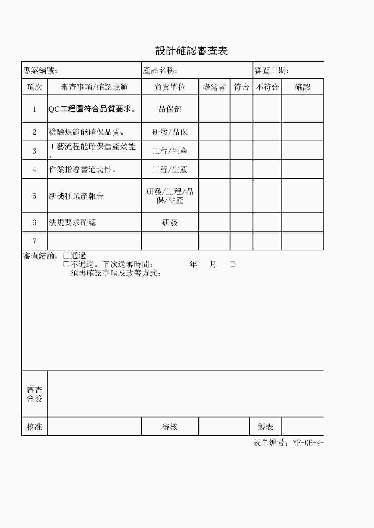 “某电子厂ISO9001、14001文件之设计确认审查表111XLS”第1页图片