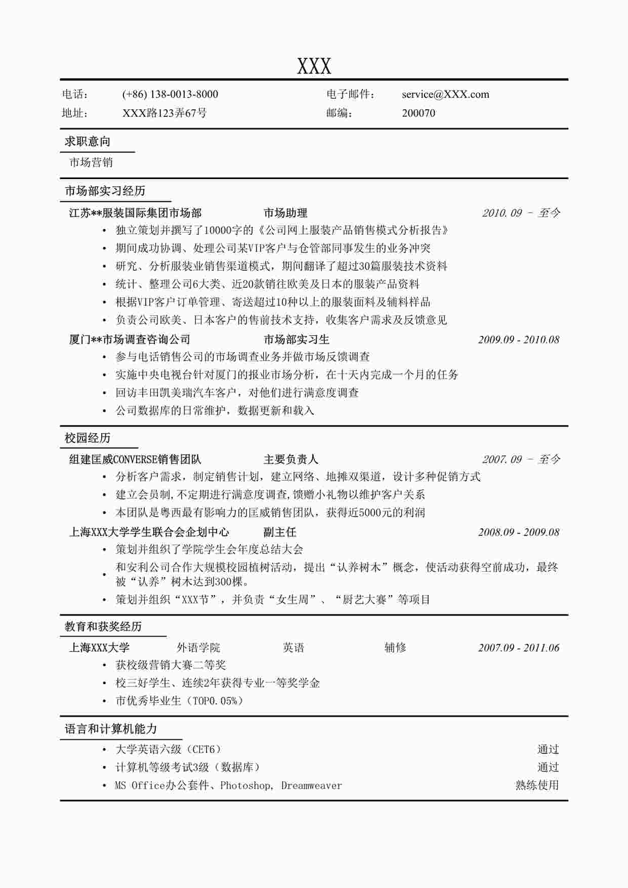 “市场营销经典成功求职简历模板DOC”第1页图片