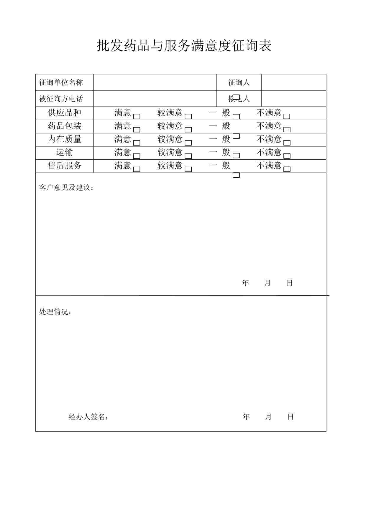 “药品公司批发药品与服务满意度征询表DOC”第1页图片