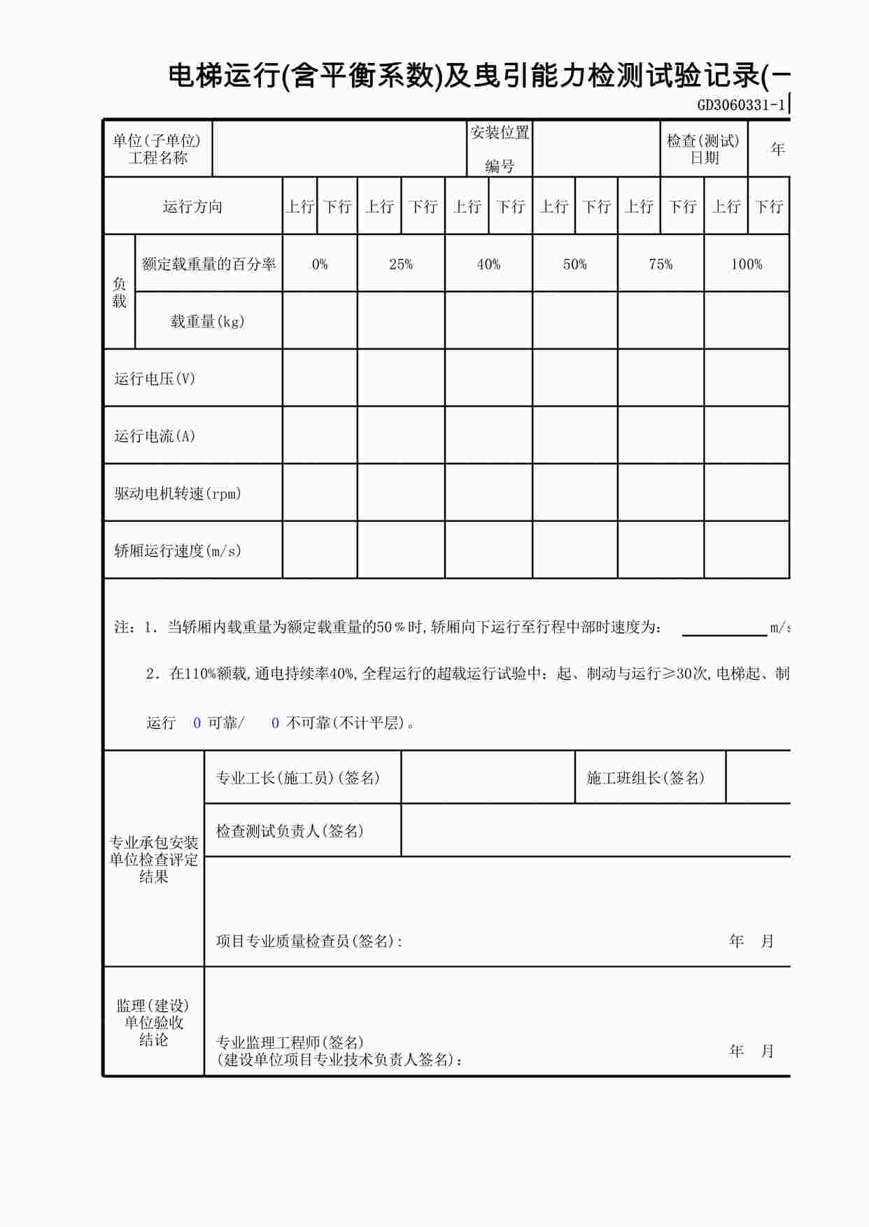 “电梯运行(含平衡系数)及曳引能力检测试验记录XLS”第1页图片