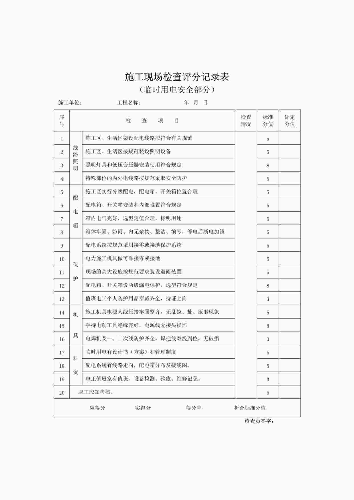 “施工现场检查评分记录表（临时用电安全部分）DOC”第1页图片