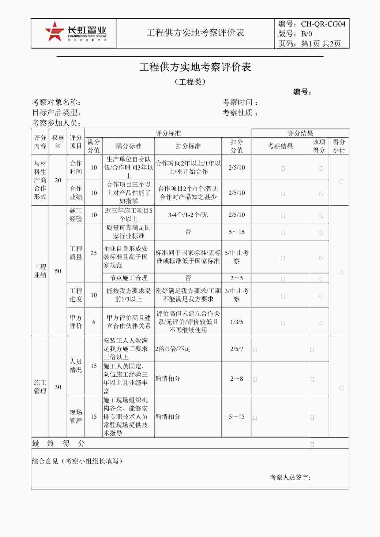 “长虹置业CH-QR-CGO4工程供方实地考察评价表(工程类）DOC”第1页图片