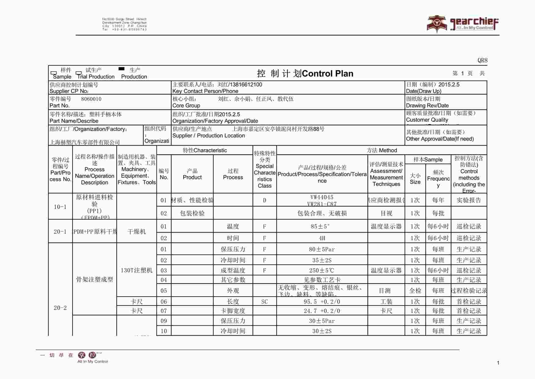 “上海赫塑汽车零部件公司QR8.3-42生产控制计划-8060010XLS”第1页图片