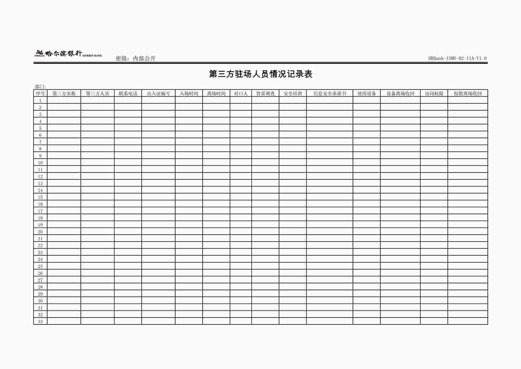 “哈尔滨银行ISO27001管理体系之第三方驻场人员情况记录表XLS”第1页图片