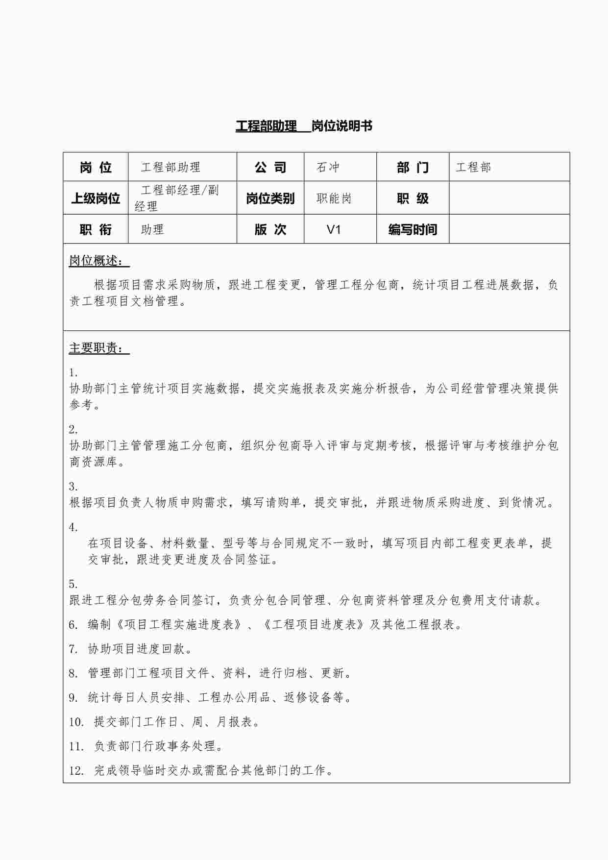 “工程部助理岗位说明书DOCX”第1页图片