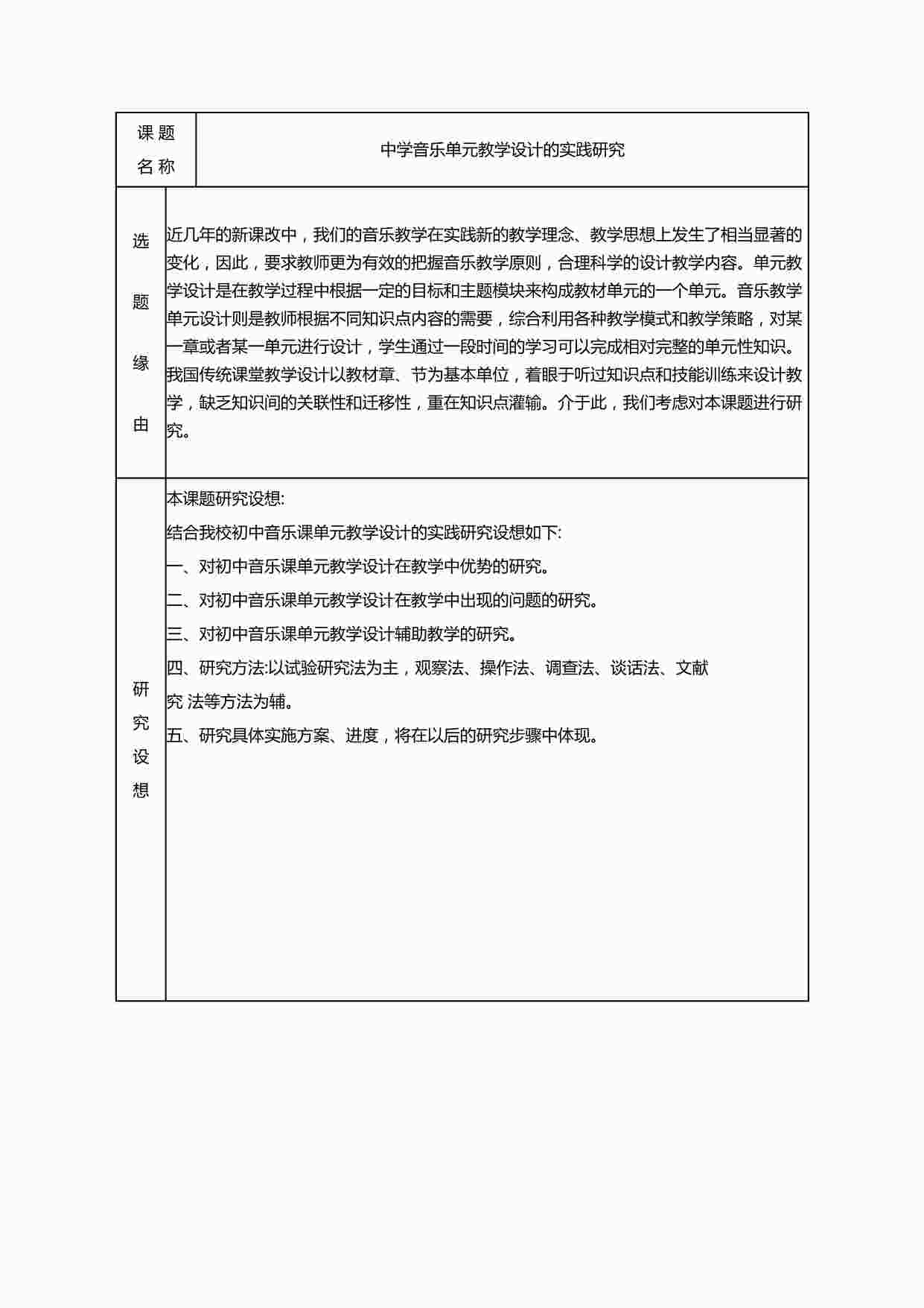 “《中学音乐单元教学设计的实践研究》立项申请表DOCX”第1页图片