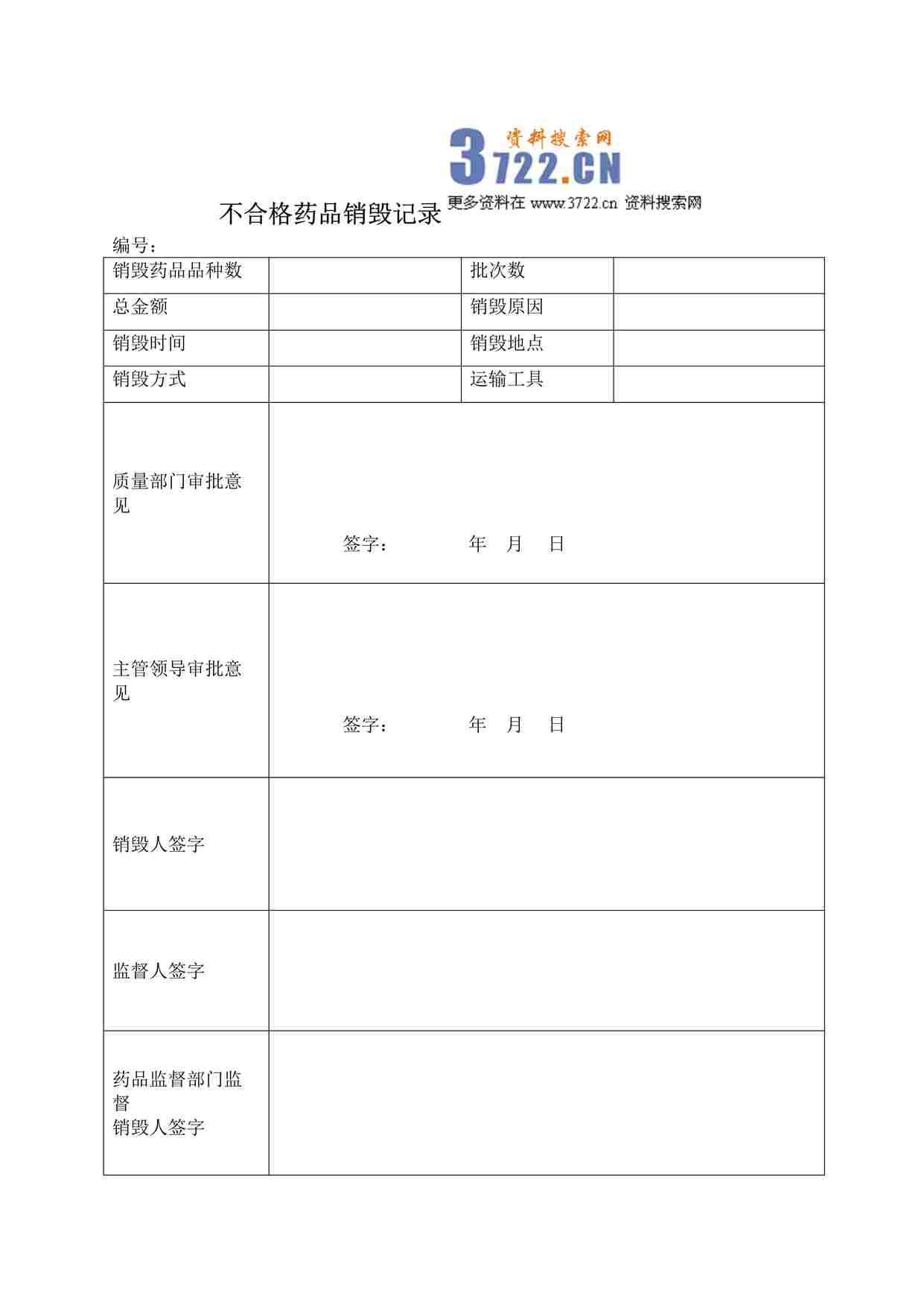 “药品公司不合格药品销毁记录DOC”第1页图片