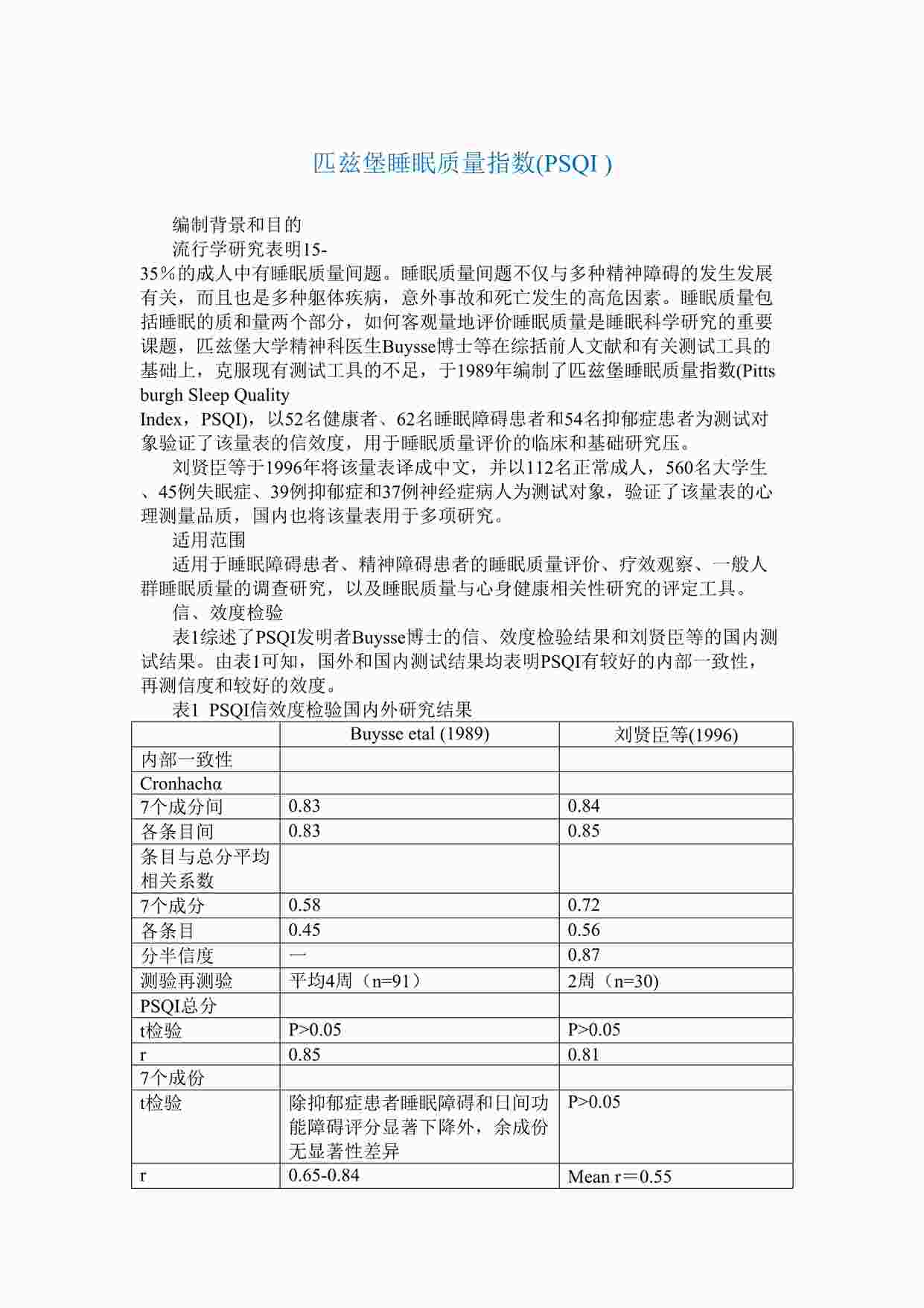 “匹兹堡睡眠质量指数(PSQI )DOC”第1页图片