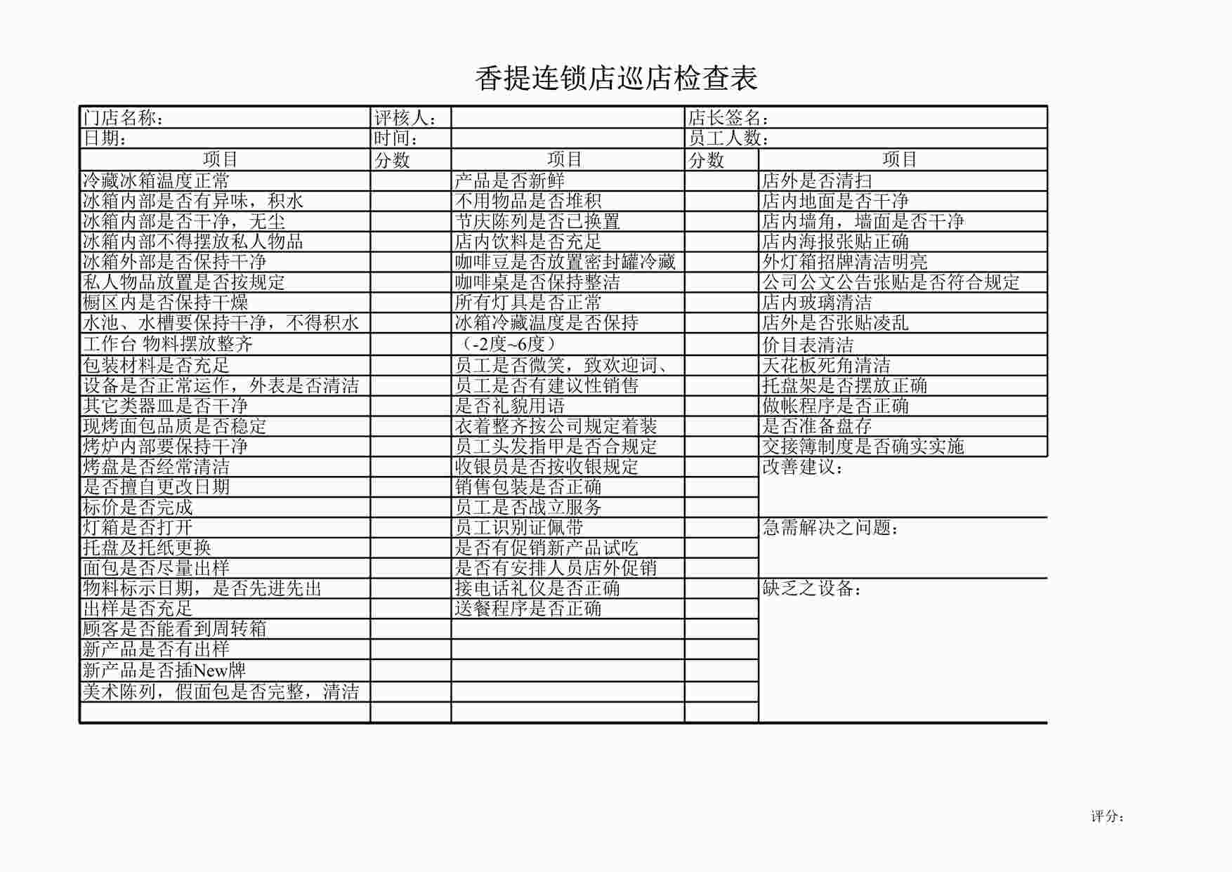 “某酒店香提连锁店巡店检查表XLS”第1页图片