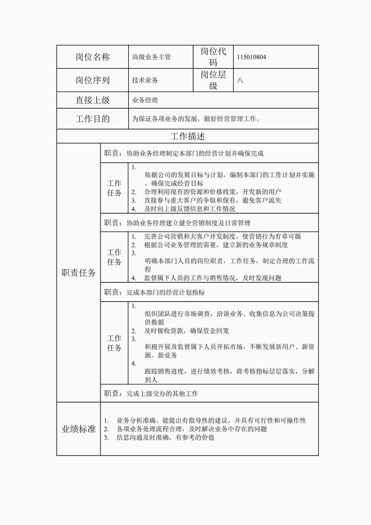 “最新某集团公司高级业务主管职位说明书DOC”第1页图片