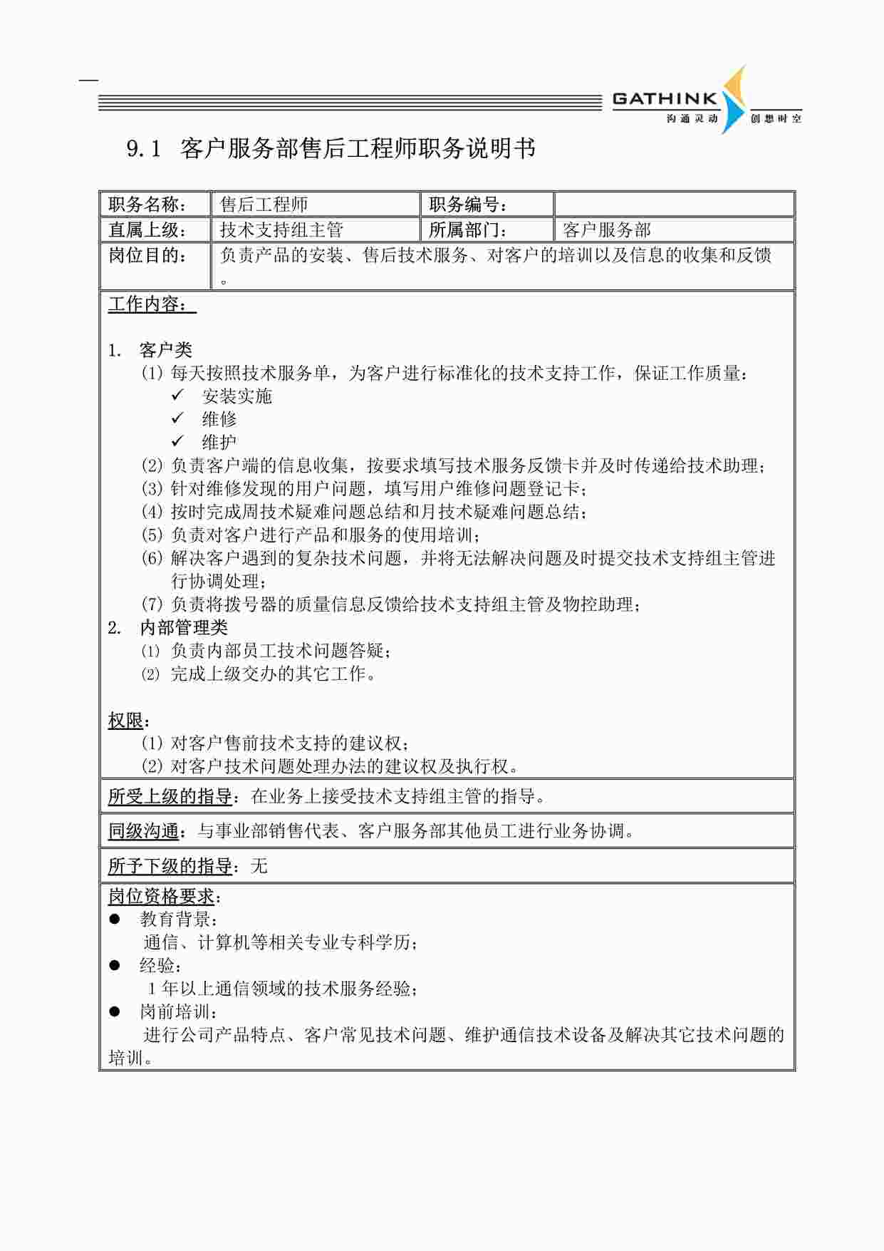 “北京国安创想通信技术公司-客户服务部技术支持组职位说明书DOC”第1页图片