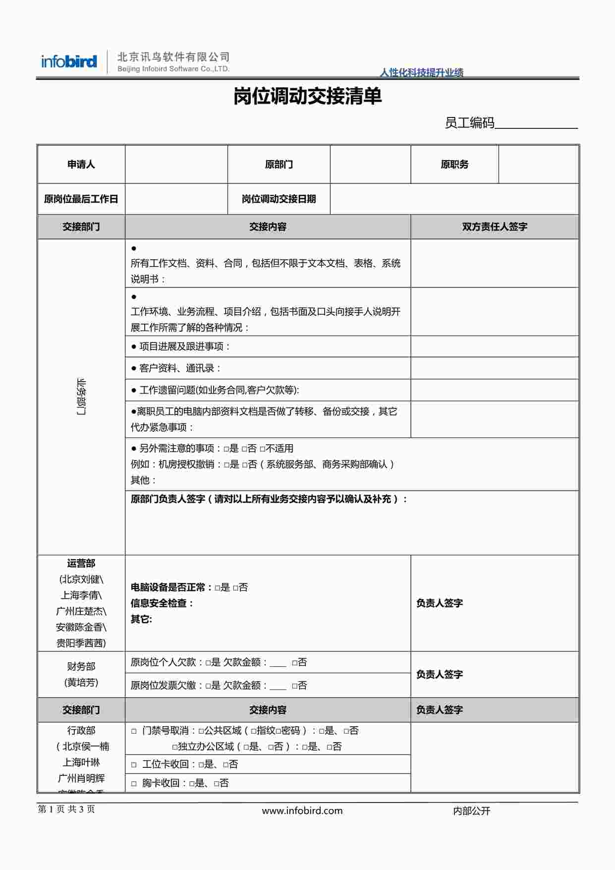 “北京讯鸟软件公司ISO27001体系之人力资源部-028-V1.0-岗位调动交接清单(1)DOC”第1页图片