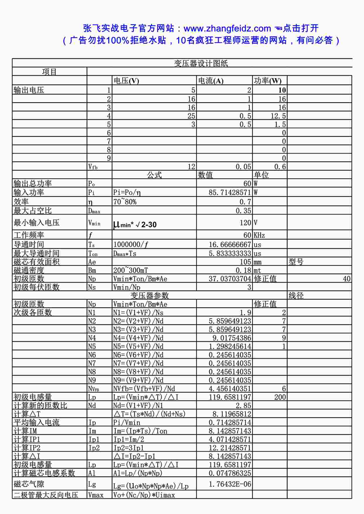 “变压器原理、设计及感量计算-变压器设计图纸1XLS”第1页图片