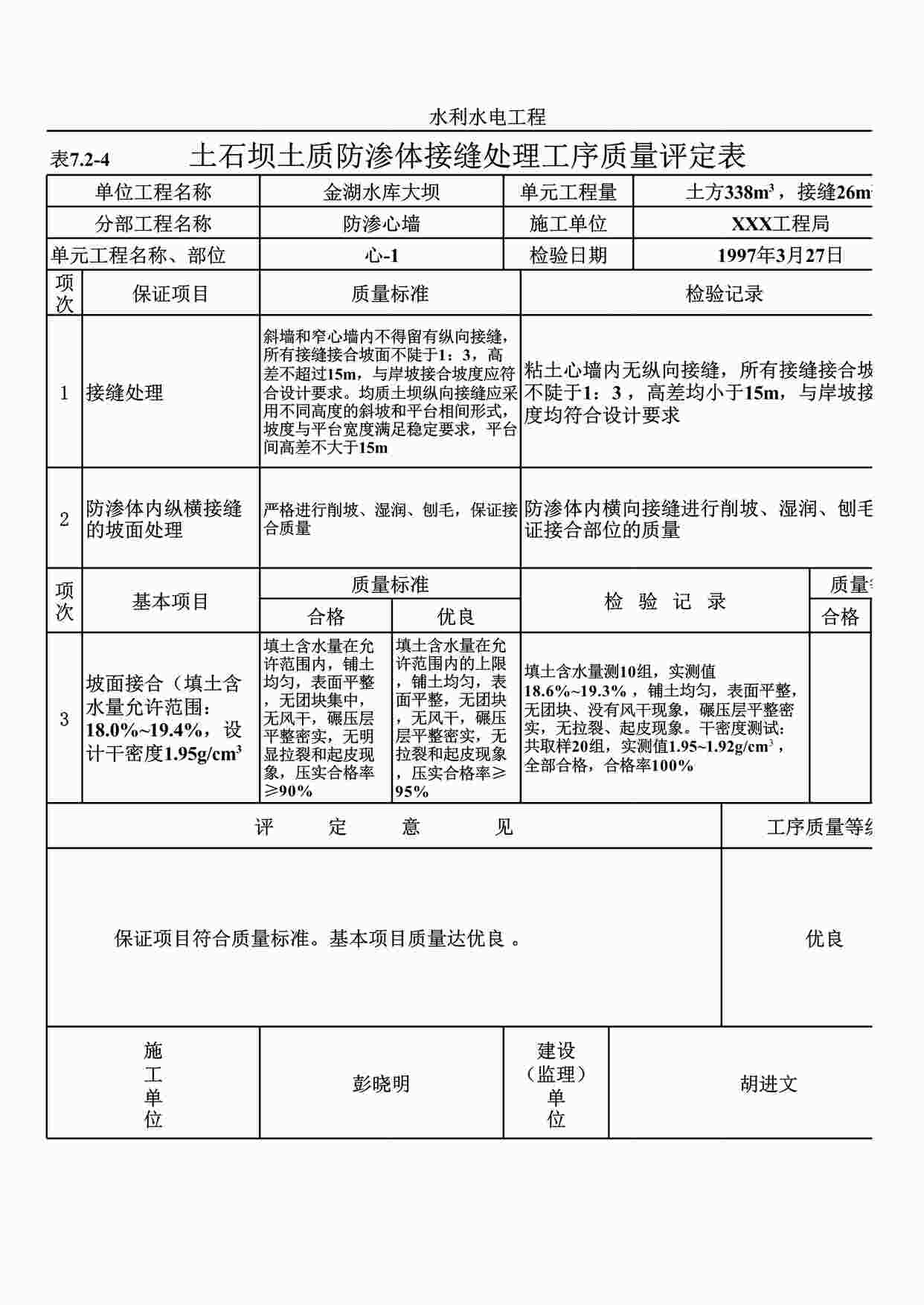 “表7.2-4土石坝土质防渗体接缝处理工序质量评定表（例表）XLS”第1页图片