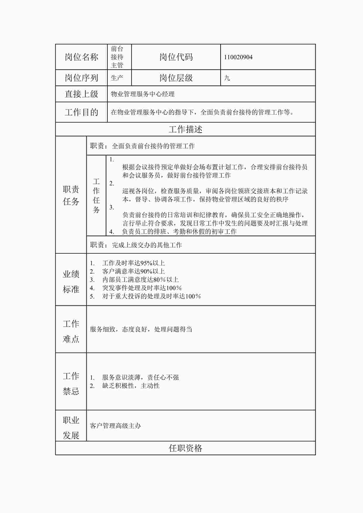 “最新前台接待主管职位说明书DOC”第1页图片