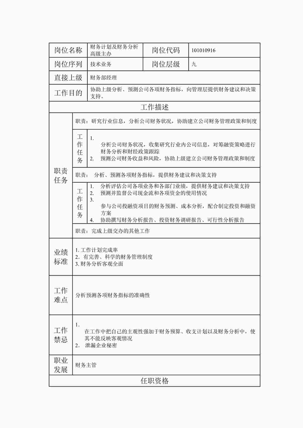 “20xx年某公司财务计划及财务分析高级主办职位说明书DOC”第1页图片