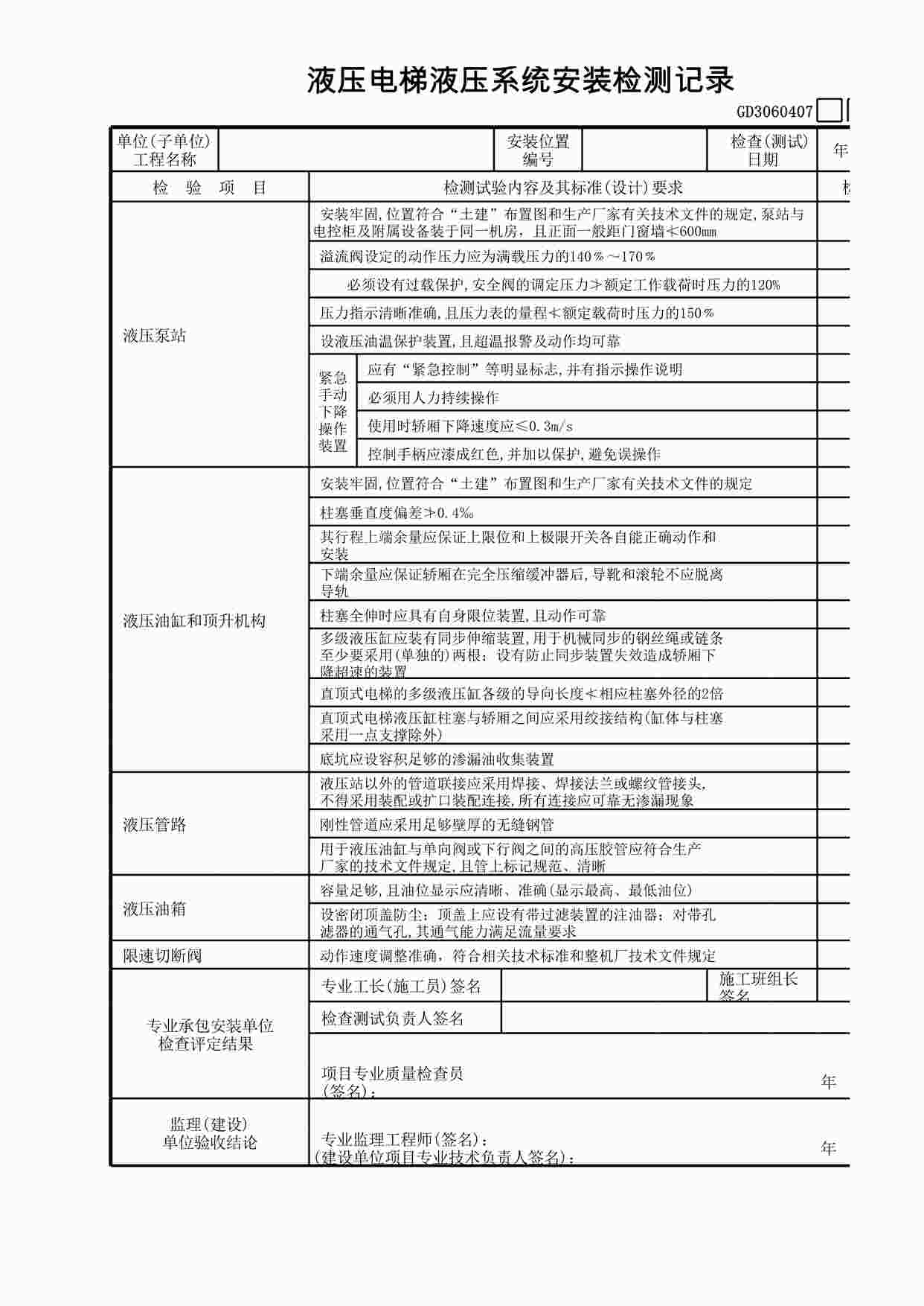 “液压电梯液压系统安装检测记录XLS”第1页图片