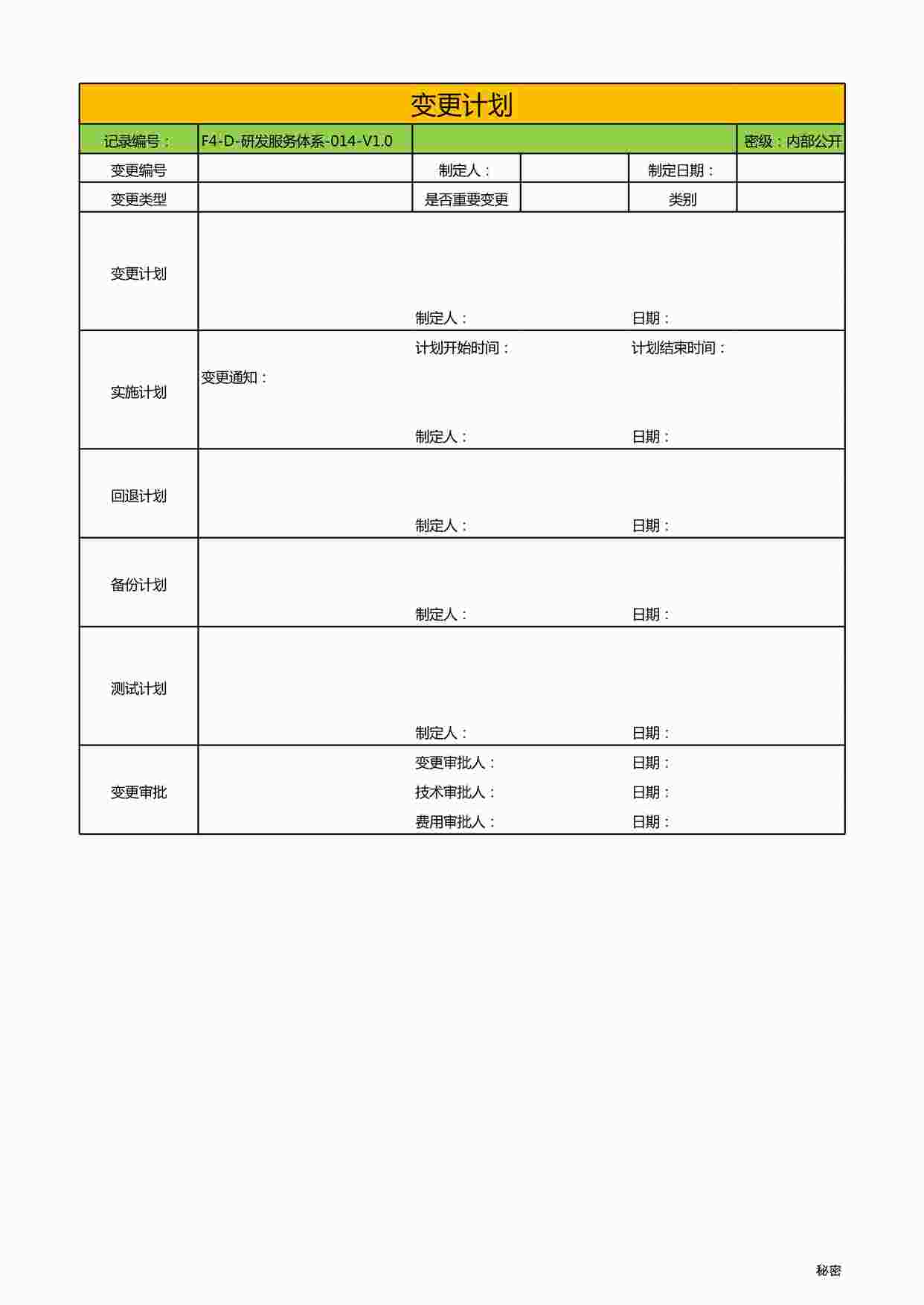 “北京讯鸟软件公司ISO27001体系之研发服务体系-014-V1.0-变更计划XLS”第1页图片