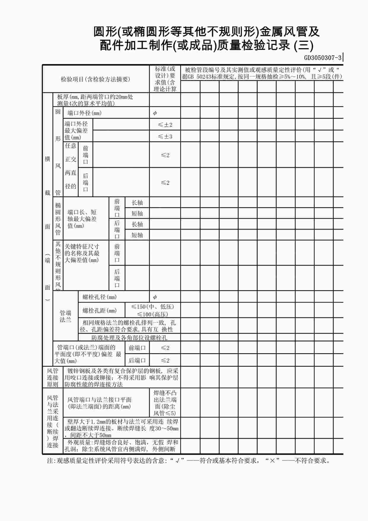 “圆形(或椭圆形等其它不规则形)金属风管及配件加工制作(或成品)质量检验记录(3)XLS”第1页图片