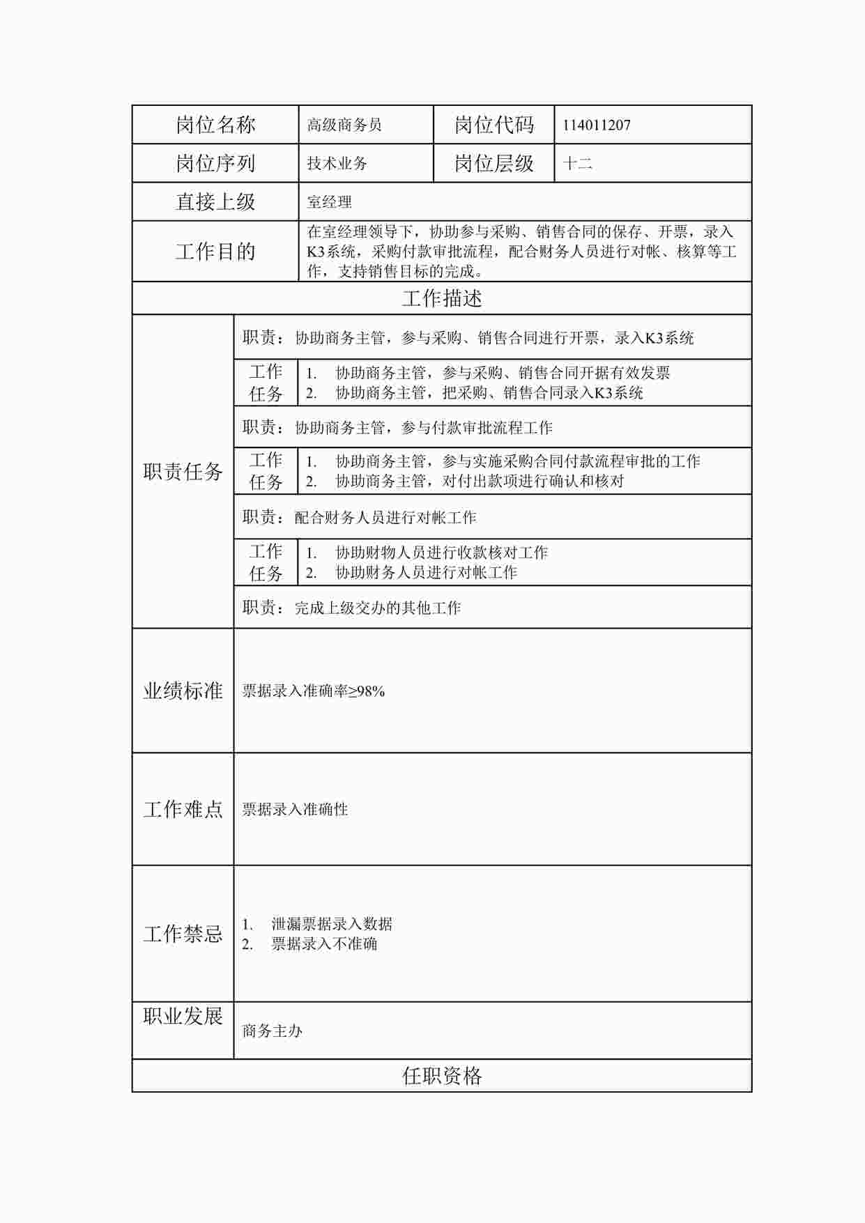 “最新高级商务员职位说明书DOC”第1页图片