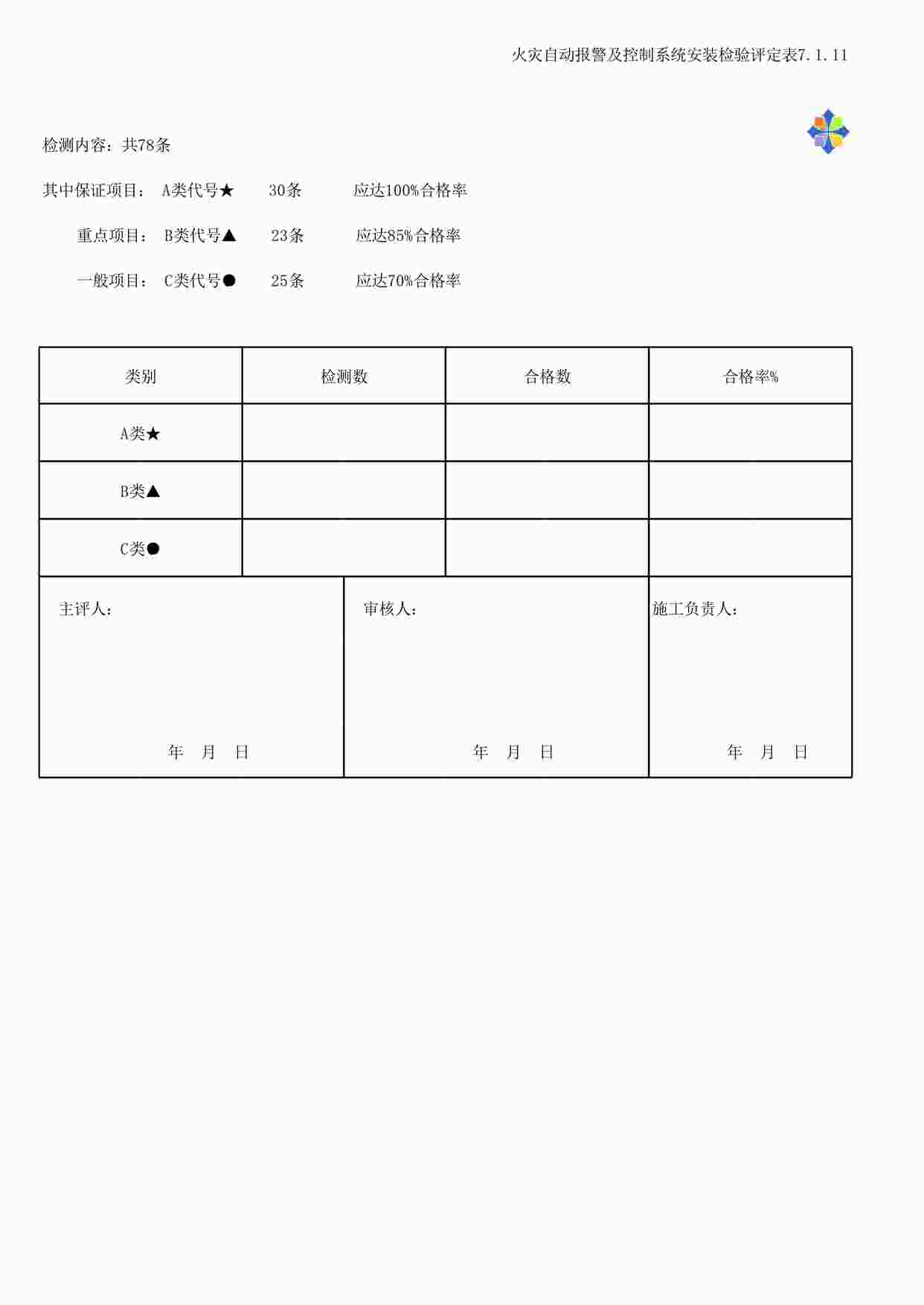 “火灾自动报警及控制系统安装检验评定表7.1.11XLS”第1页图片