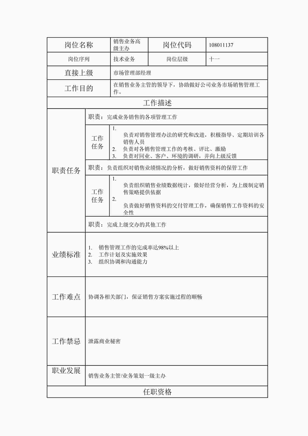 “最新销售业务高级主办职位说明书DOC”第1页图片