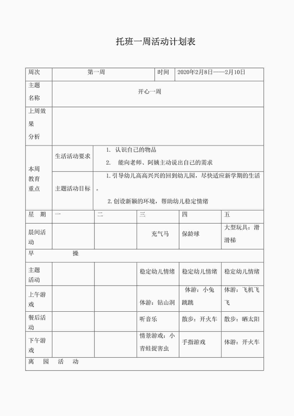 “幼儿园托班下学期周计划 18周DOC”第1页图片