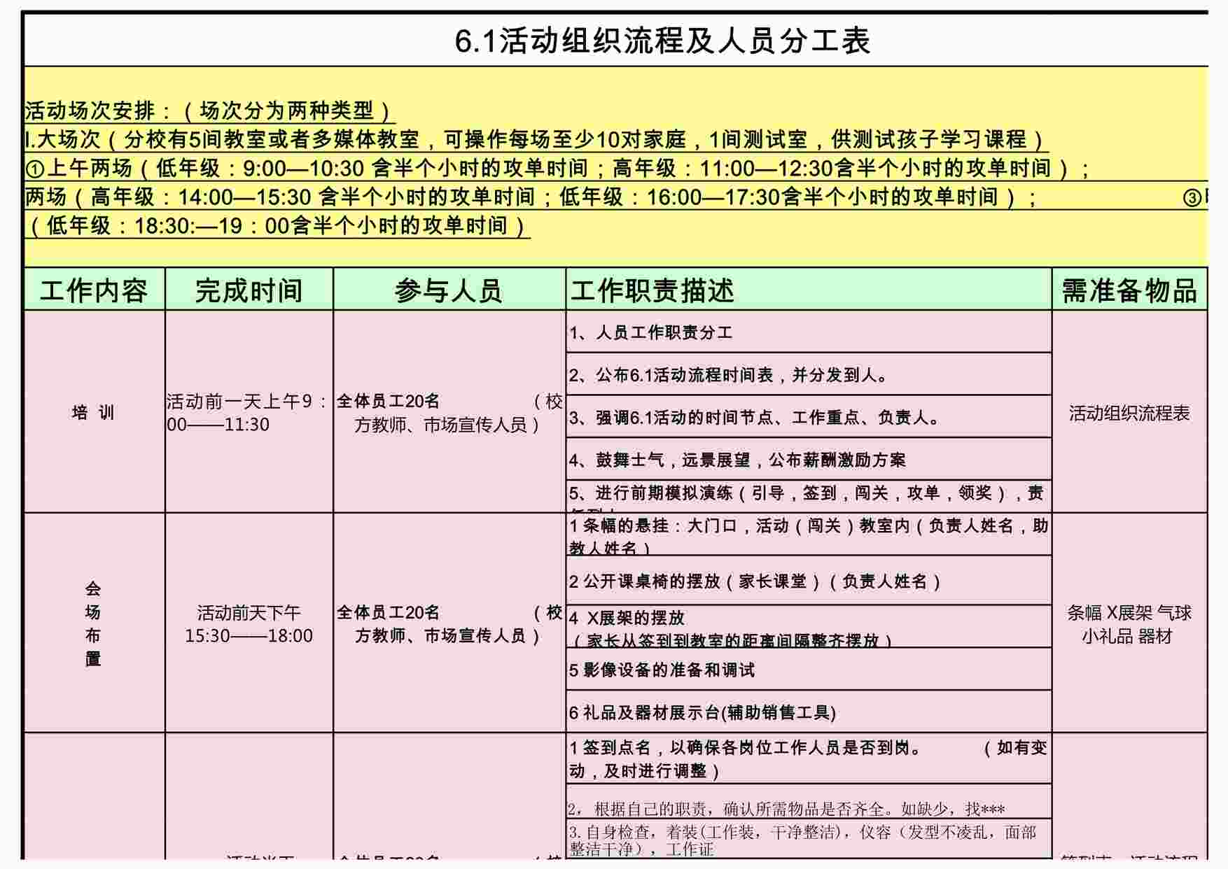 “培训机构公开课组织流程及人员分工表（15分）XLS”第1页图片