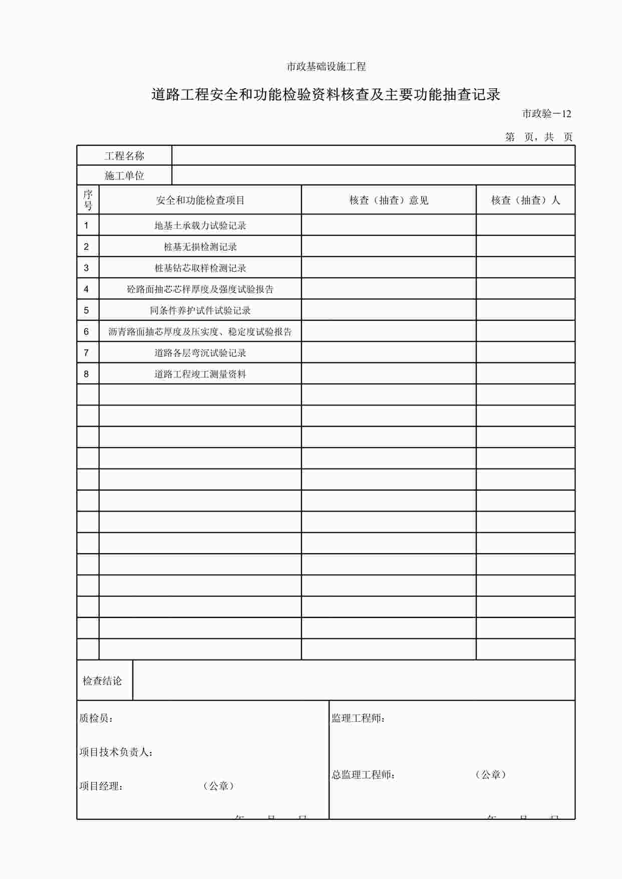 “道路工程安全和功能检验欧亿·体育（中国）有限公司核查及主要功能抽查记录XLS”第1页图片