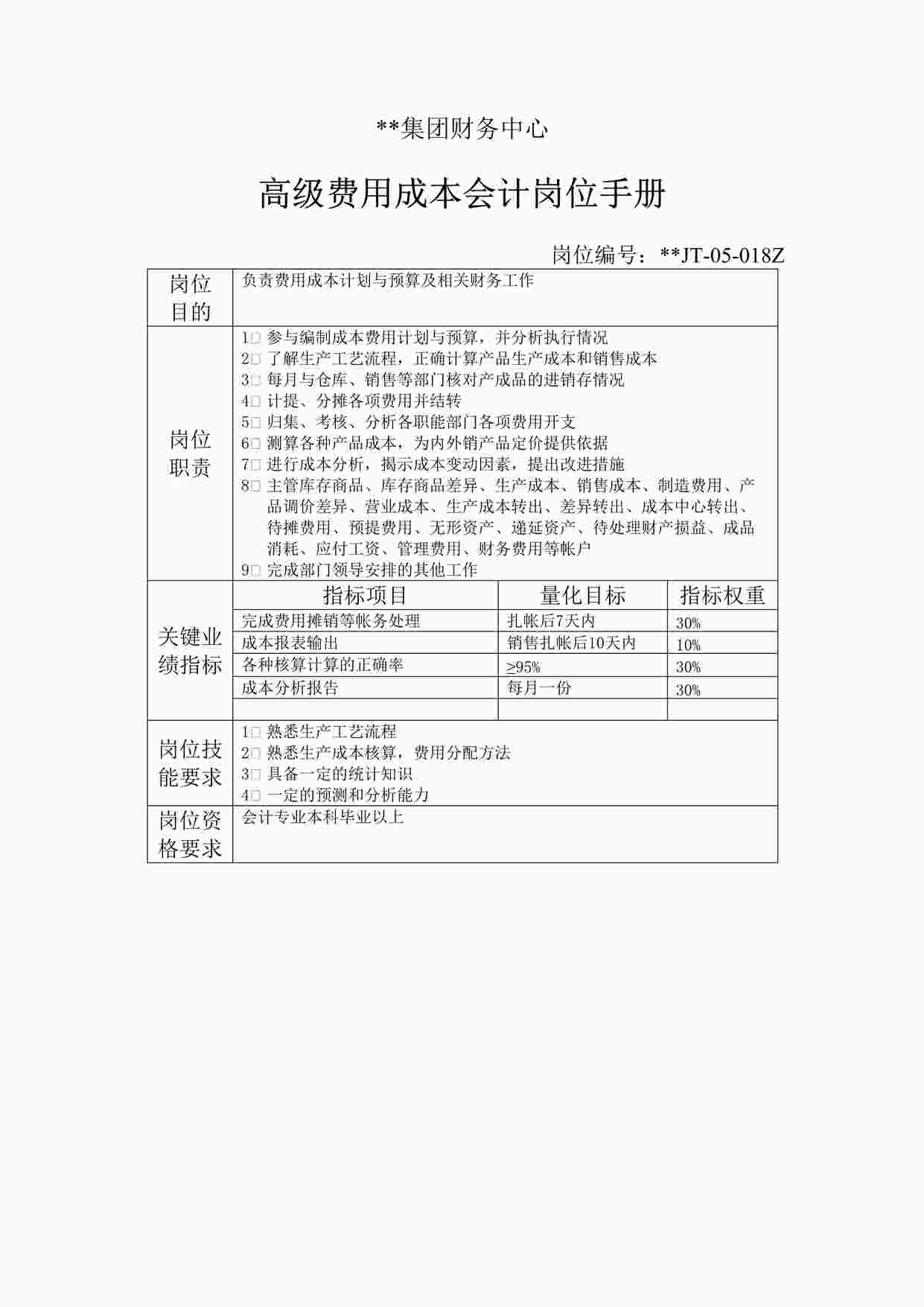 “财务中心高级费用成本会计岗位手册表DOC”第1页图片