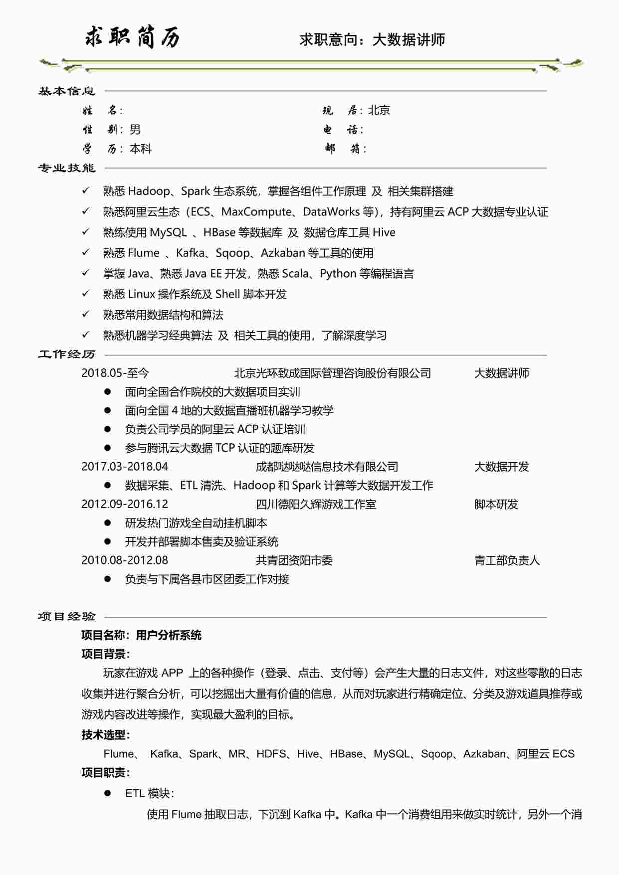 “大数据-9年-张北京经典个人简历PDF”第1页图片