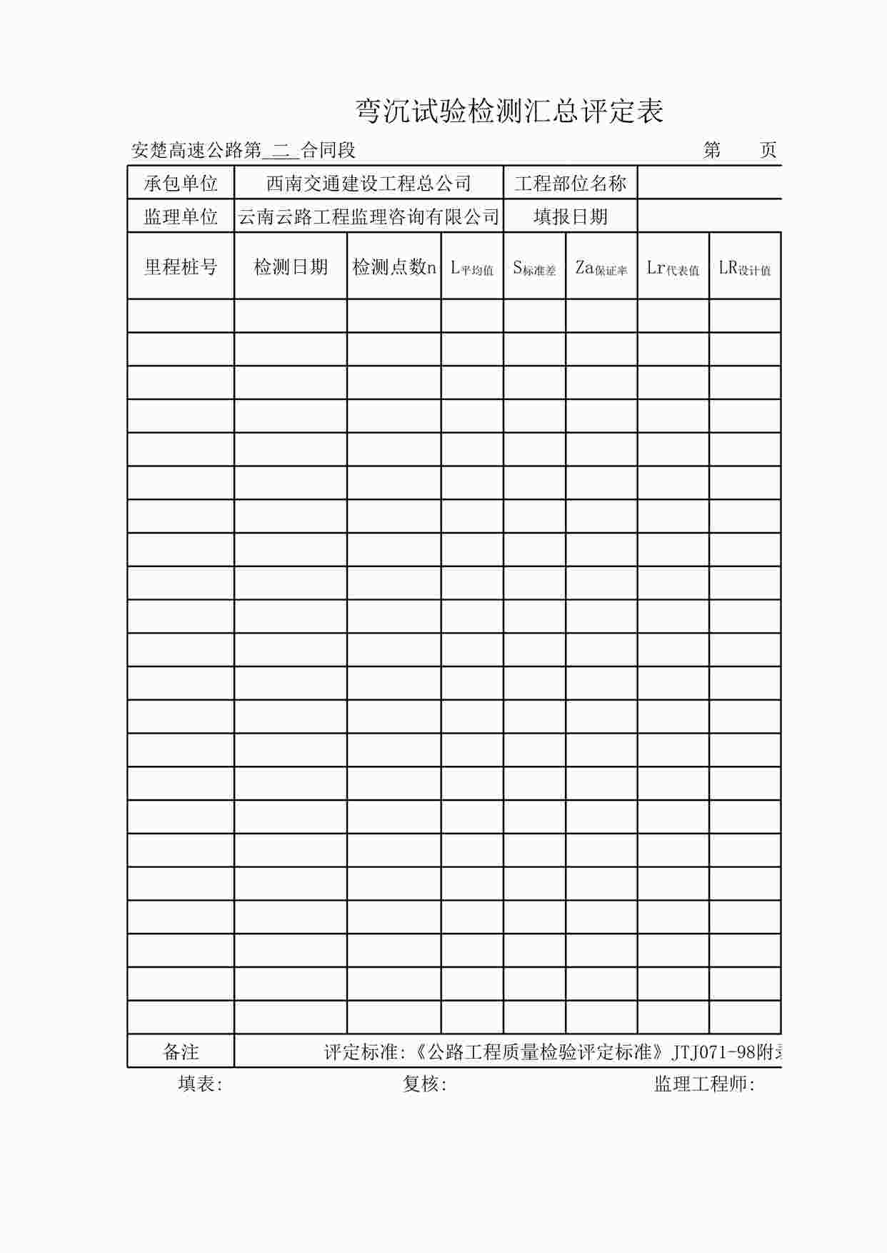 “竣工表格弯沉试验检测汇总评定表XLS”第1页图片