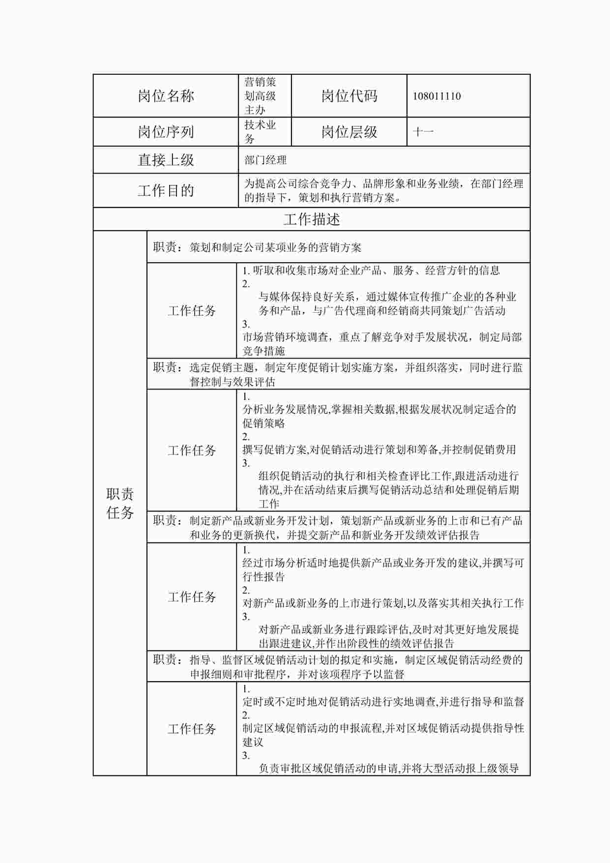 “20xx年某公司营销策划高级主办职位说明书DOC”第1页图片