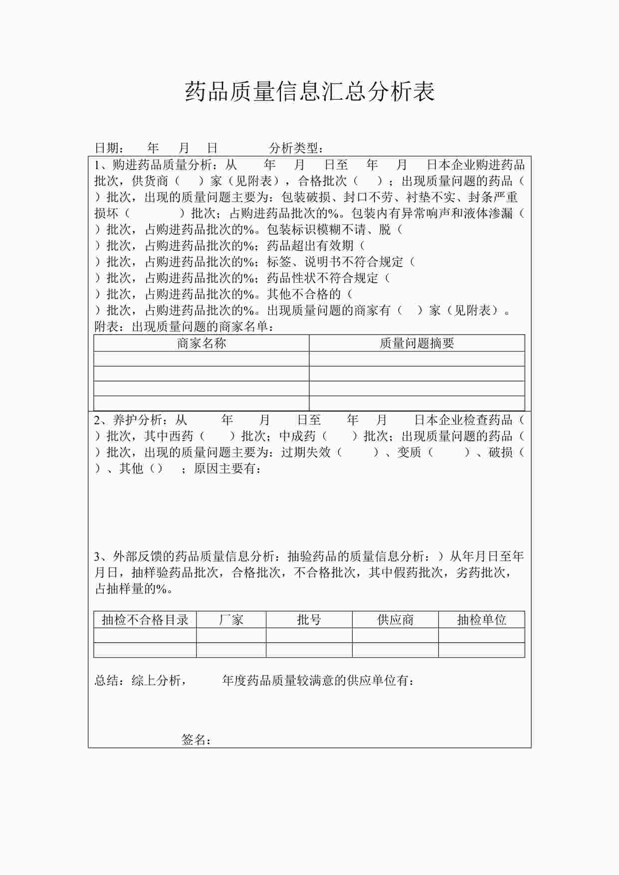 “药品公司药品质量信息汇总分析表DOC”第1页图片