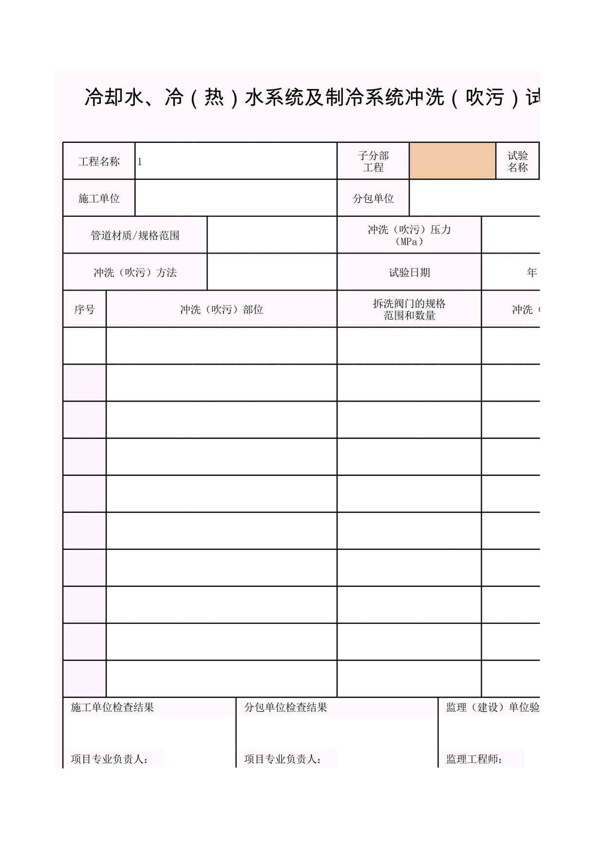 “K-K7_冷却水、冷（热）水系统及制冷系统冲洗（吹污）试验记录XLS”第1页图片