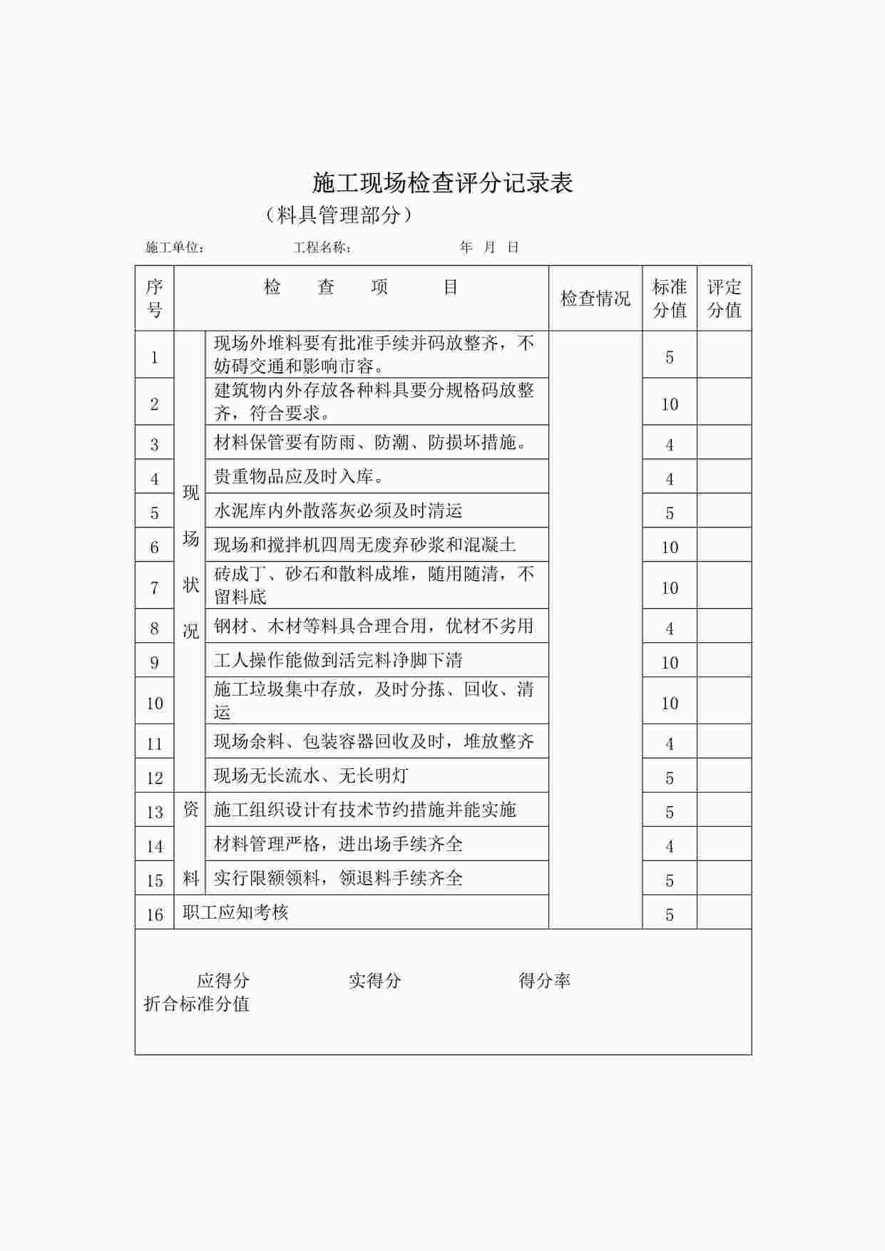 “施工现场检查评分记录表（料具管理部分）DOC”第1页图片