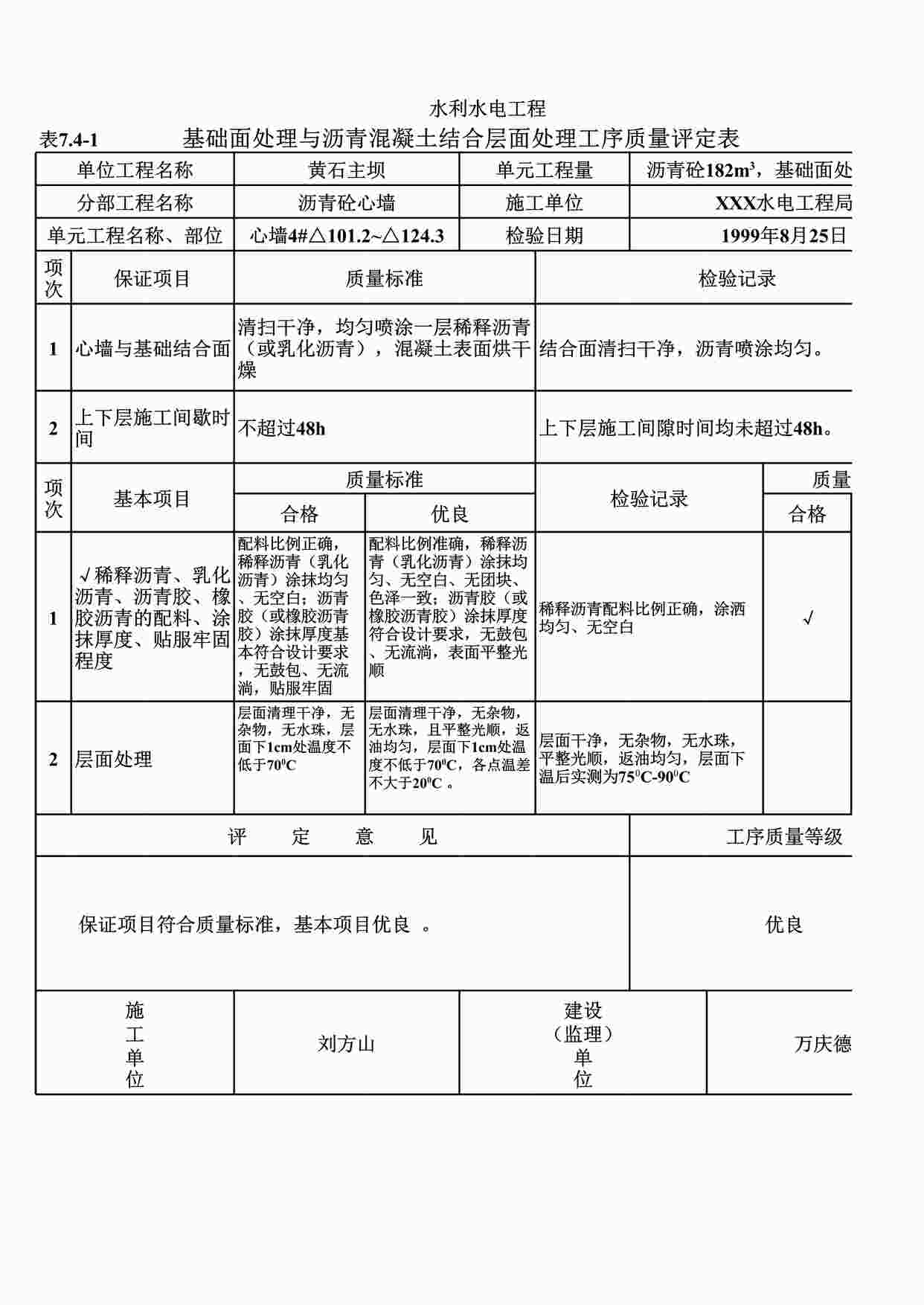 “表7.4-1基础面处理与沥青混凝土结合层面处理工序质量评定表（例表）XLS”第1页图片