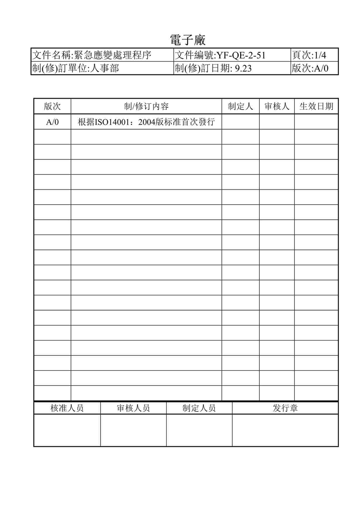 “某电子厂ISO9001、14001文件之紧急应变处理程序51DOC”第1页图片