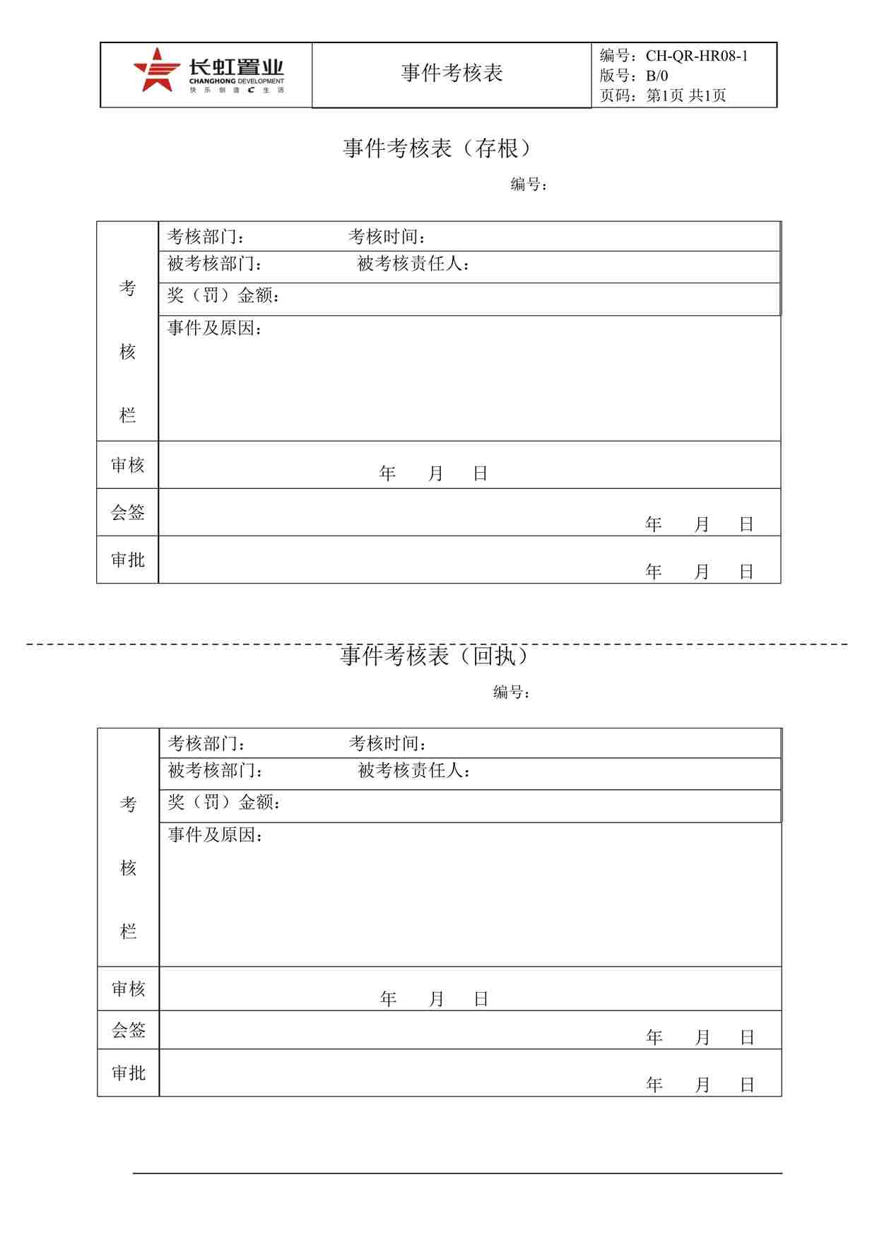 “长虹置业CH-QR-HR08-1事件考核表DOC”第1页图片