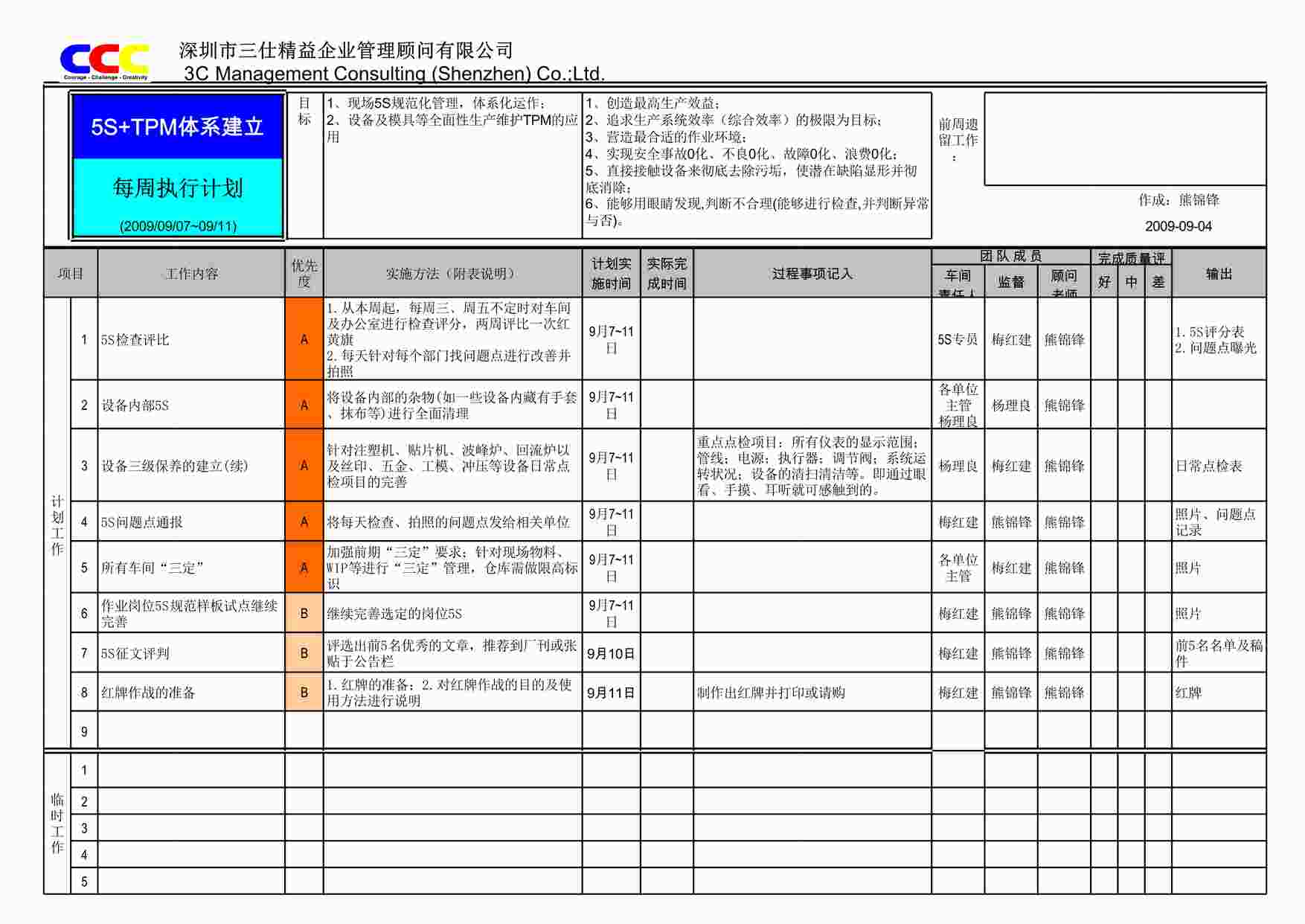 “三仕精益顾问-品胜数码电池5S+TPM周执行计划0907-0911XLS”第1页图片