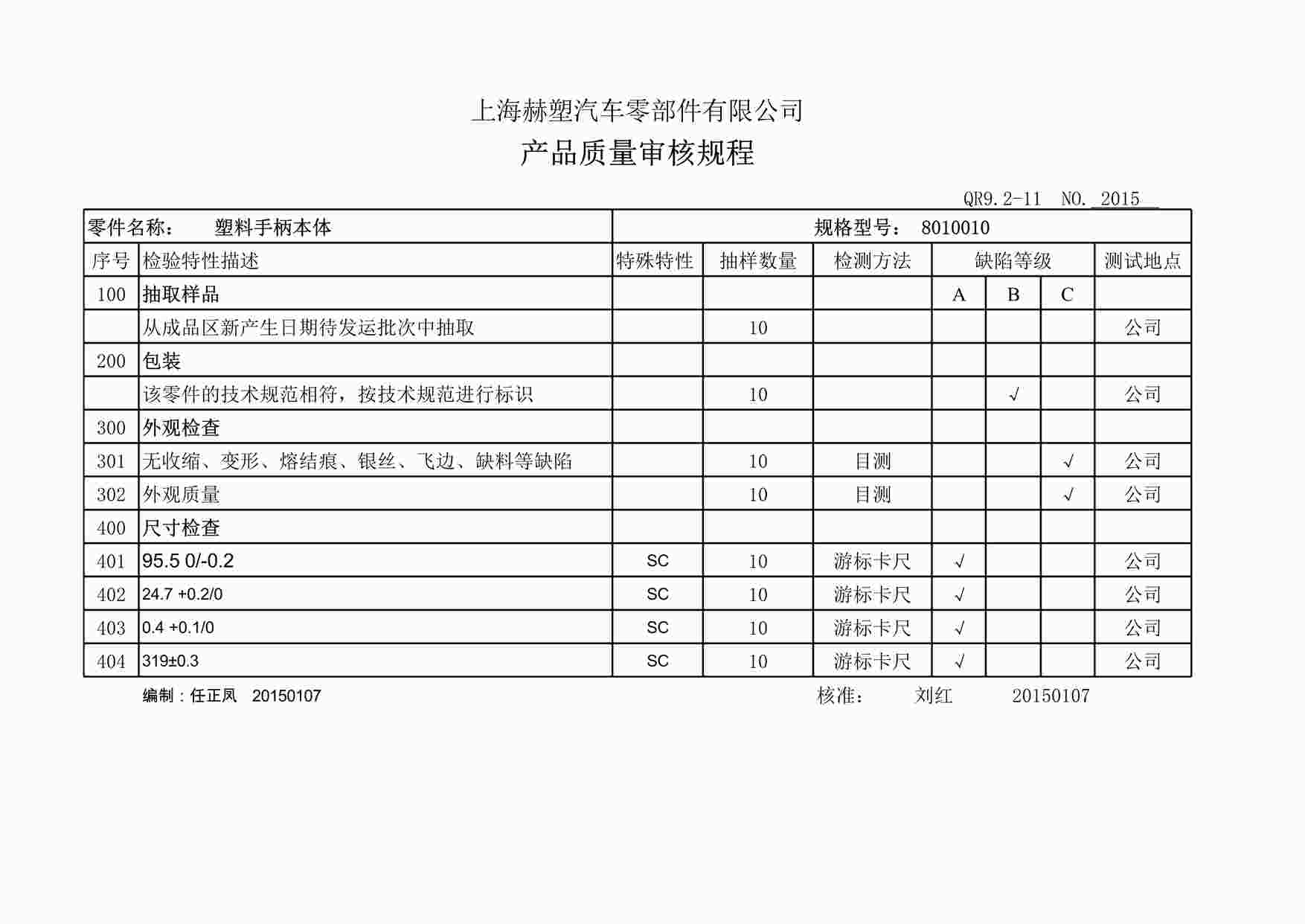 “上海赫塑汽车零部件公司QR9.2-11产品审核规程-手柄8060010XLS”第1页图片