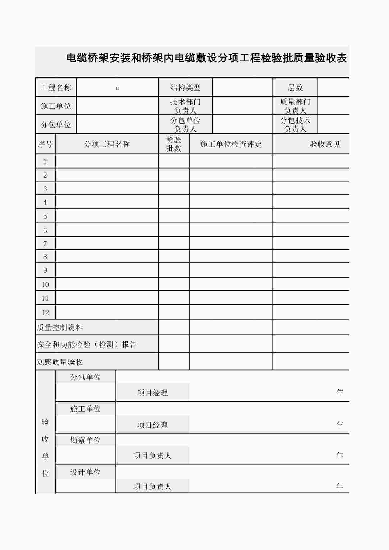 “电缆桥架安装和桥架内电缆敷设分项工程检验批质量验收记录XLS”第1页图片