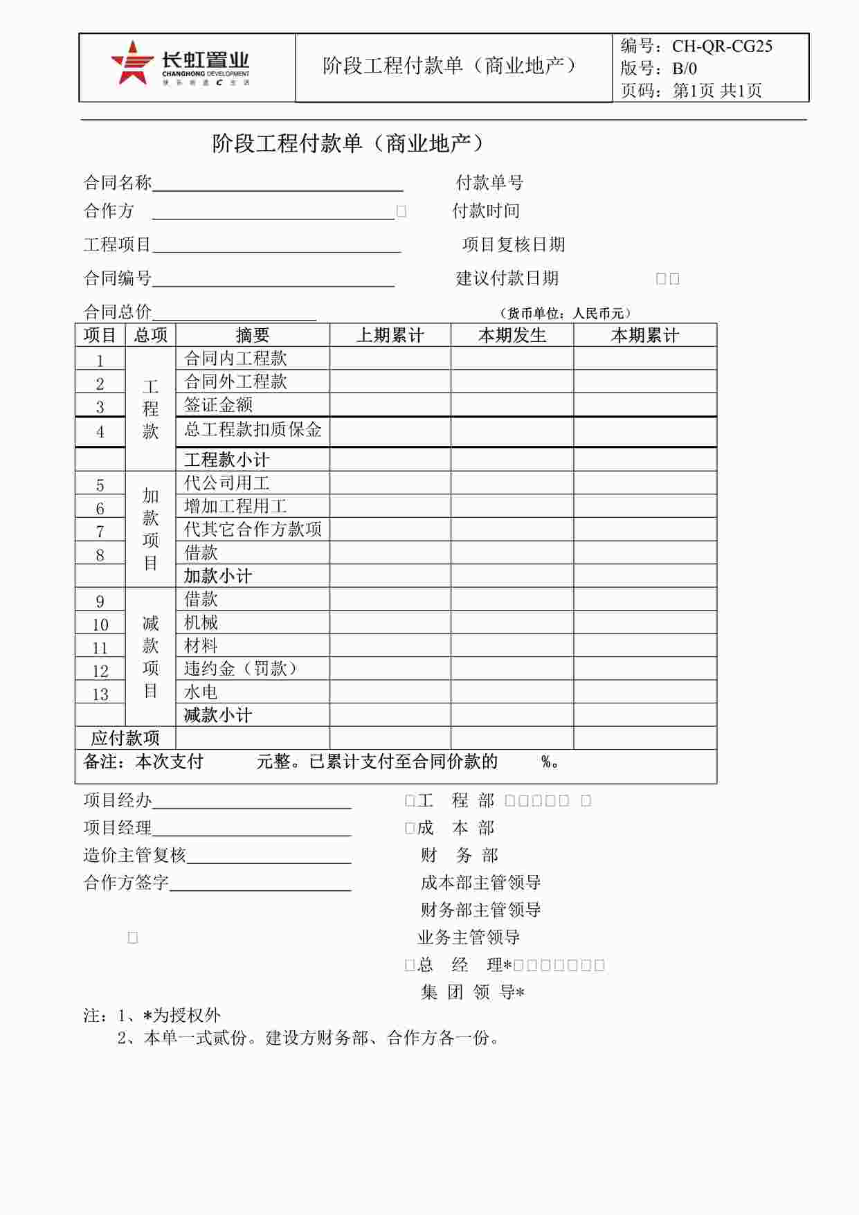 “长虹置业CH-QR-CG25阶段工程付款单（商业地产）DOC”第1页图片