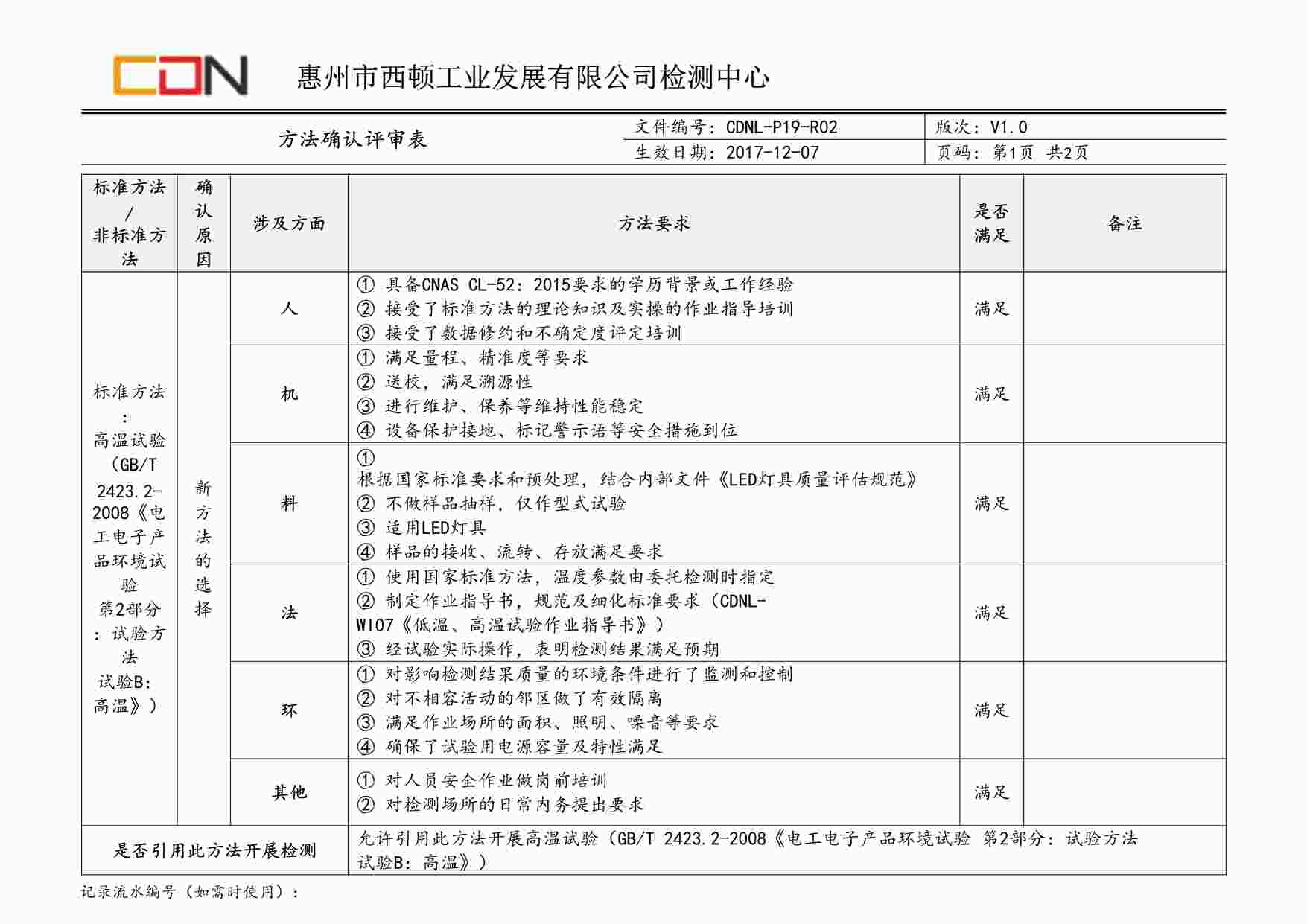 “西顿照明CDNL-P19-R02方法确认评审表高温试验DOC”第1页图片