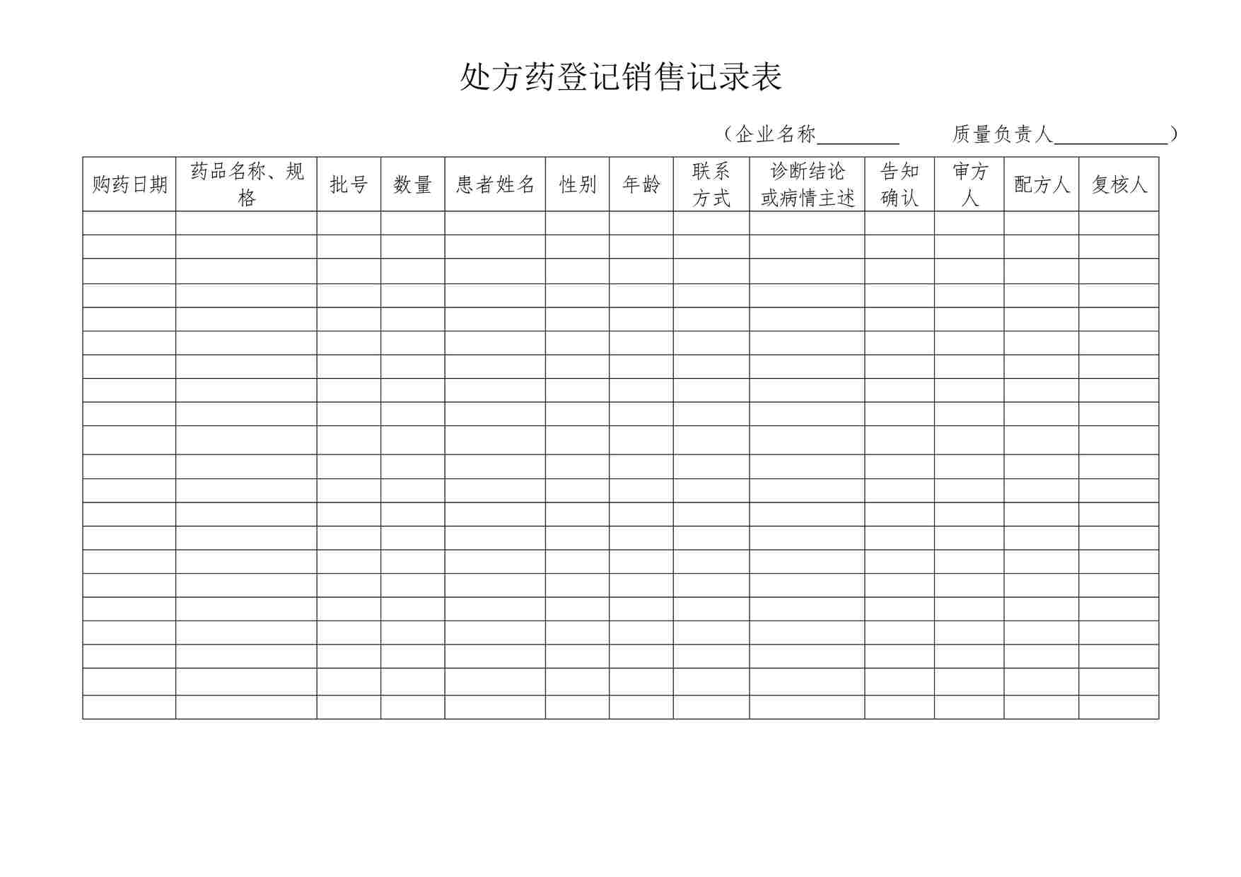 “药品公司处方药登记销售记录表DOCX”第1页图片