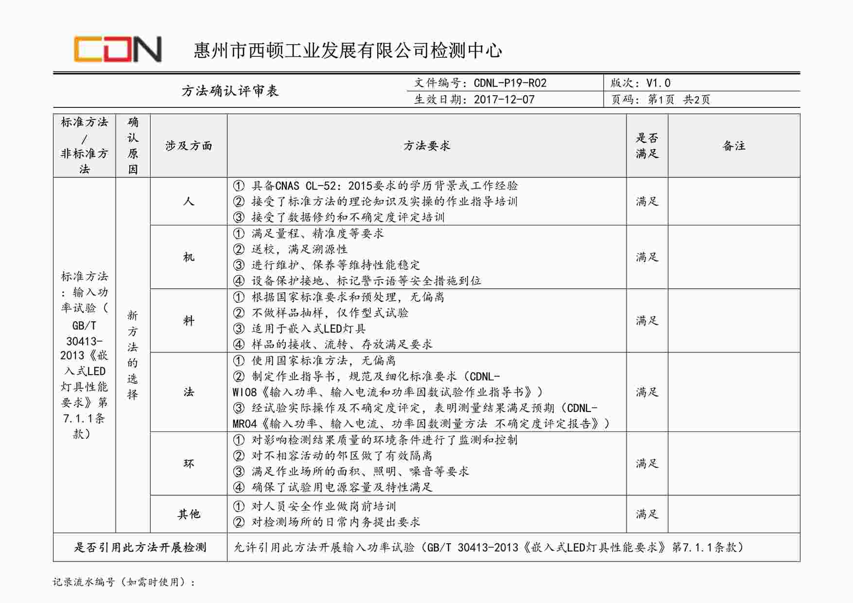 “西顿照明CDNL-P19-R02方法确认评审表输入功率DOC”第1页图片