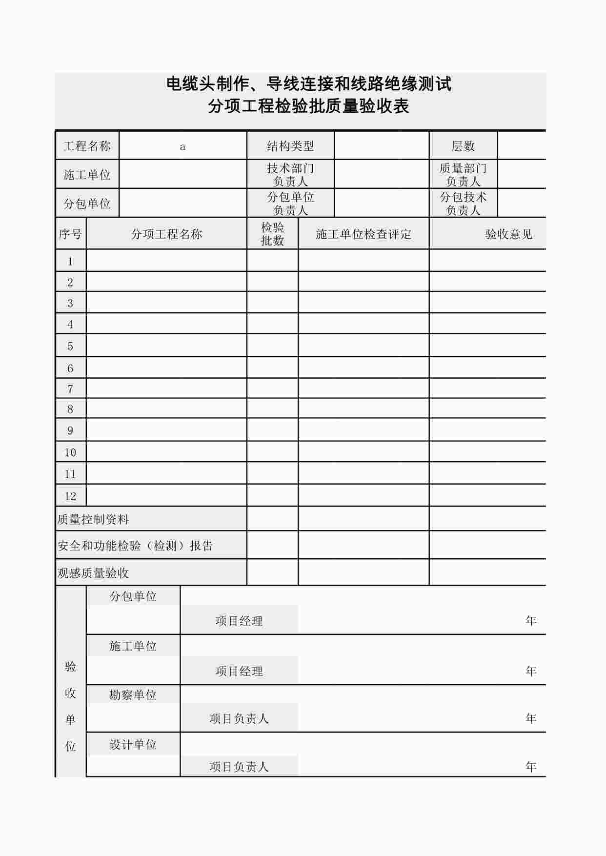 “电缆头制作、导线连接和线路绝缘测试分项工程检验批质量验收记录XLS”第1页图片