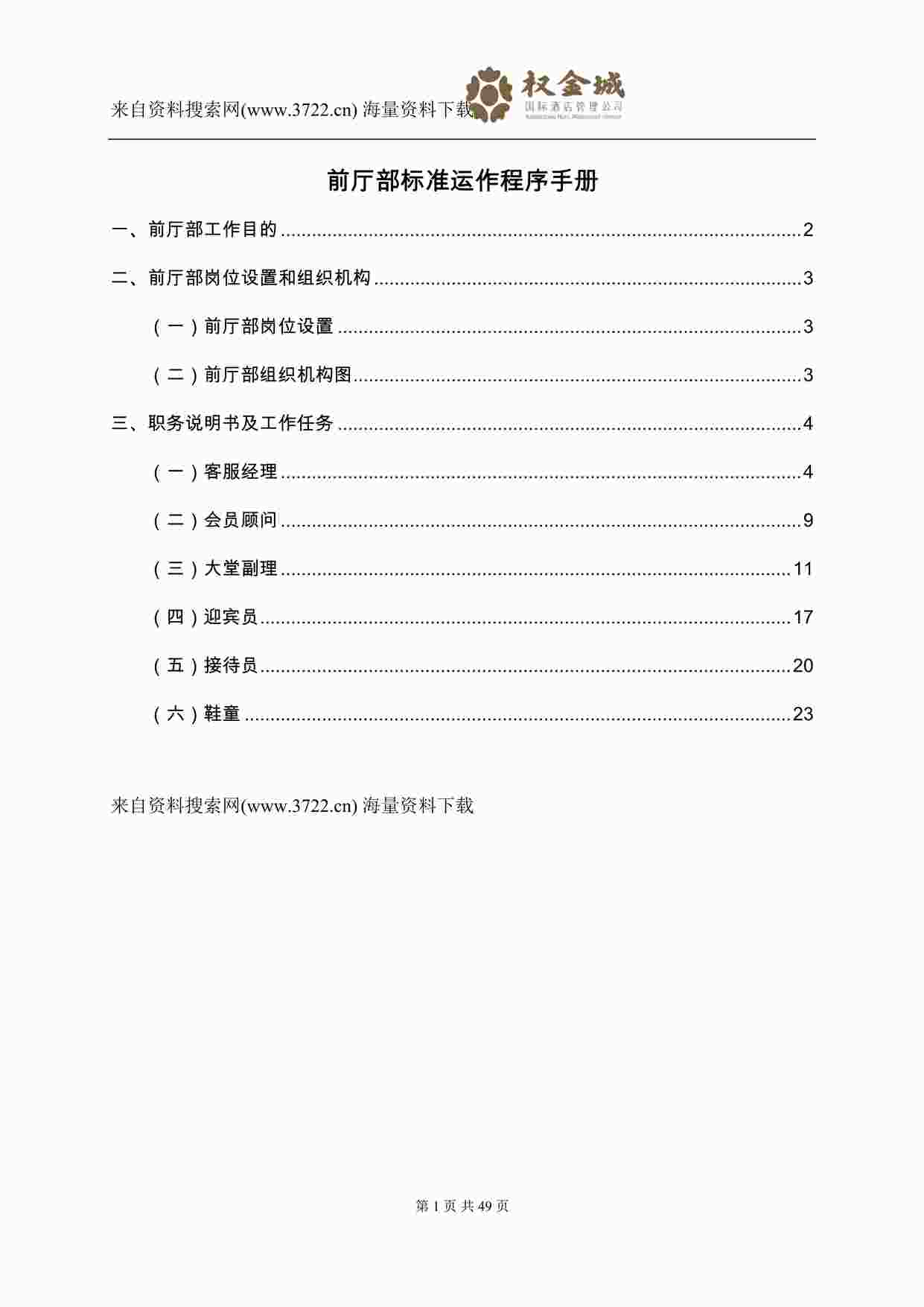 “权金城国际酒店管理公司前厅部标准运作程序手册（DOC 38页）”第1页图片