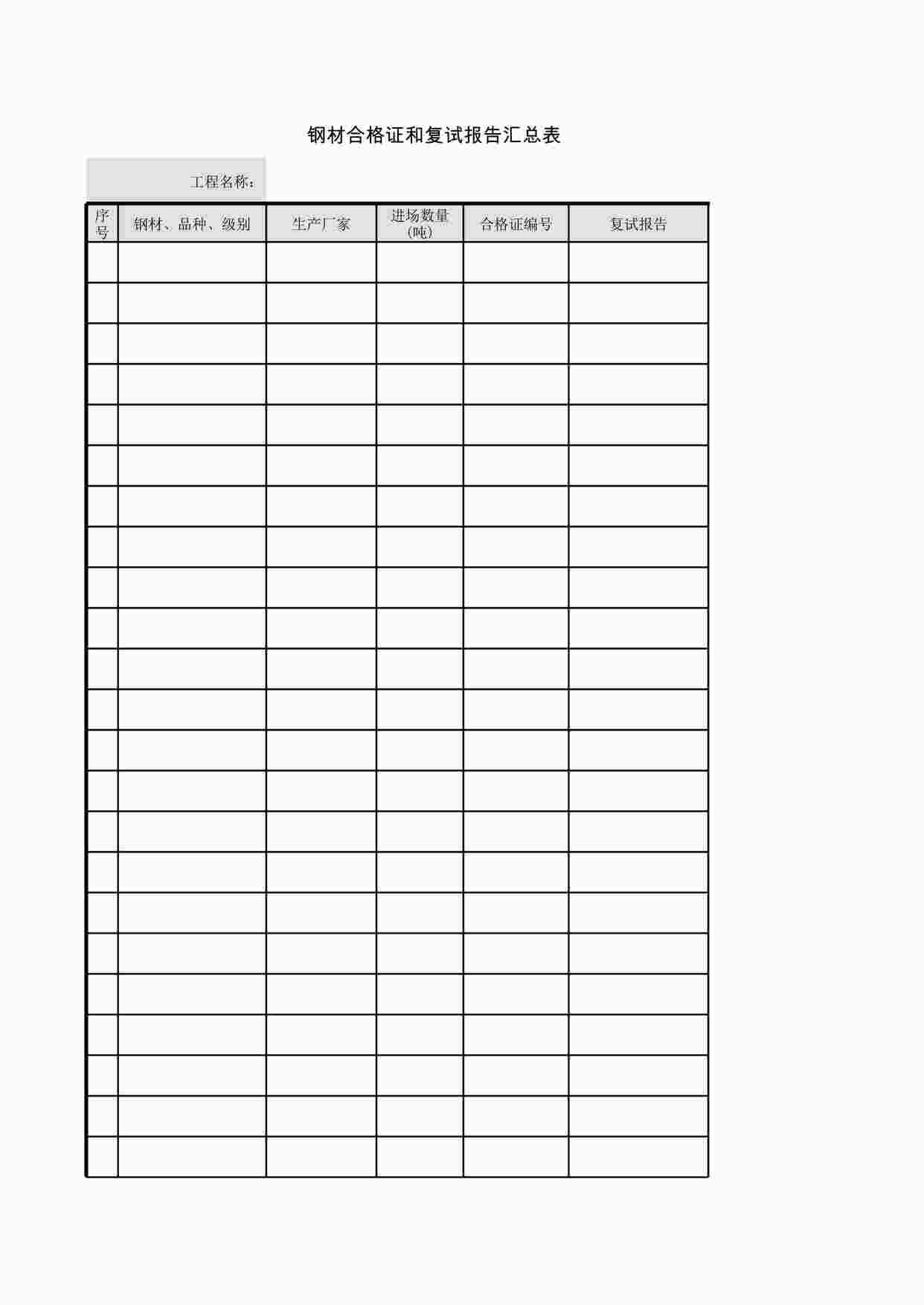 “钢材合格证和复试报告汇总表XLS”第1页图片