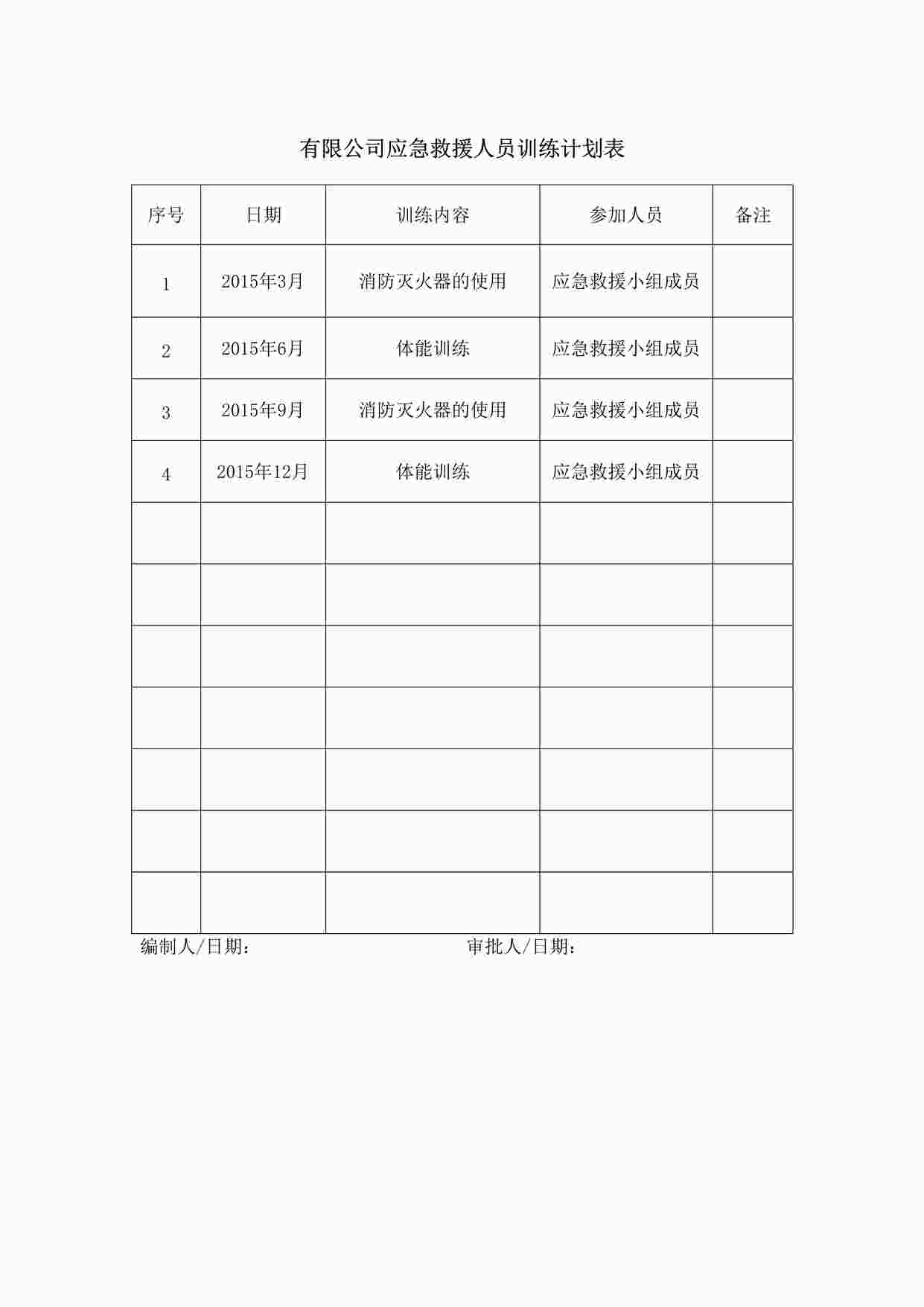 “某制造型企业应急救援人员训练计划表DOC”第1页图片